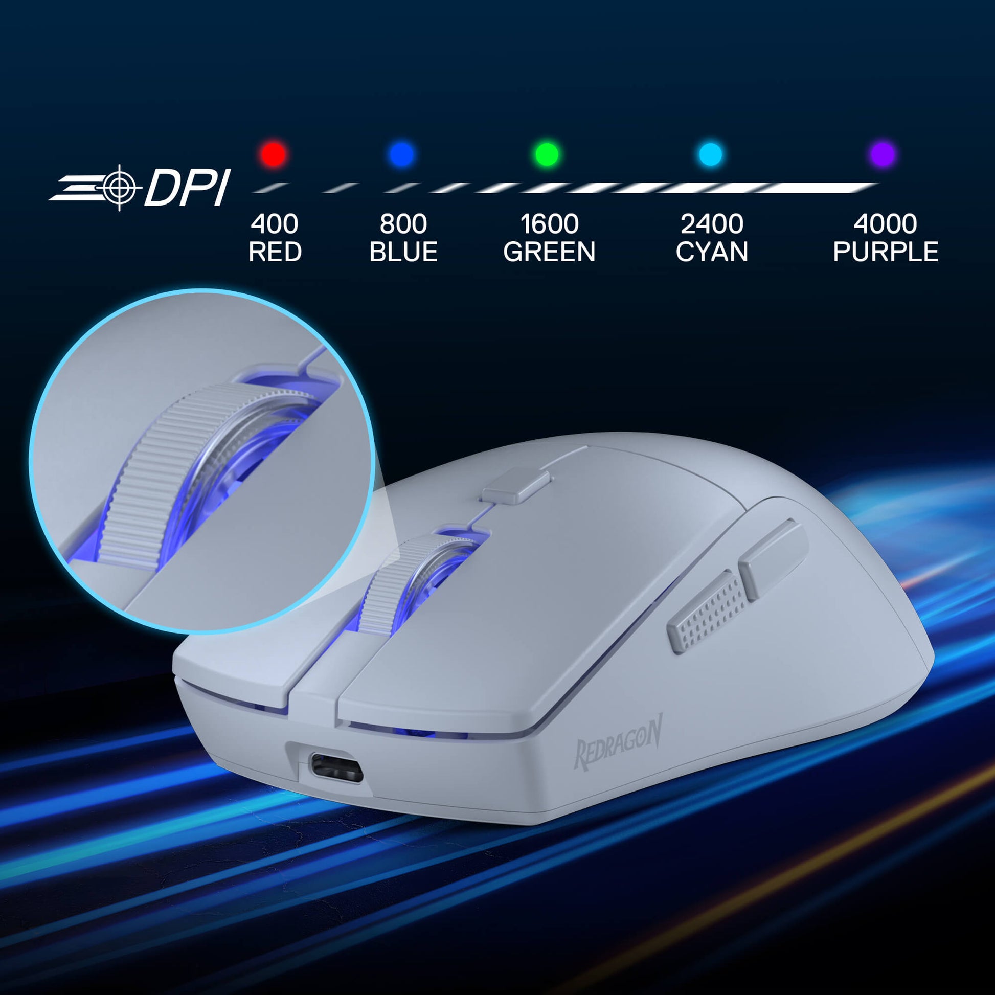 White gaming mouse with DPI color indicator on a dark background