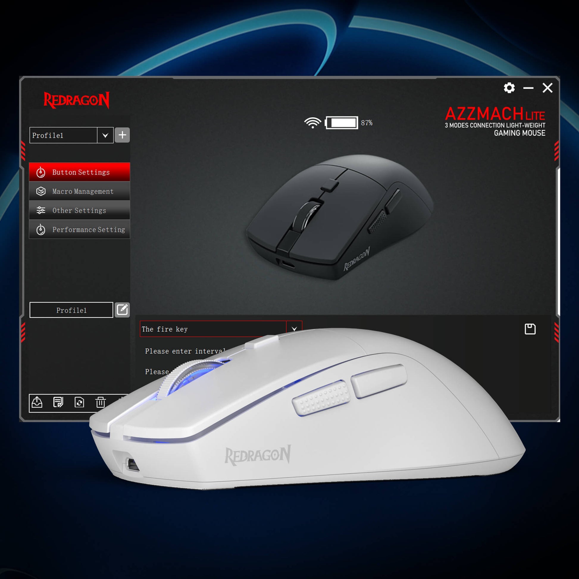 Redragon gaming mouse with software interface on a dark background