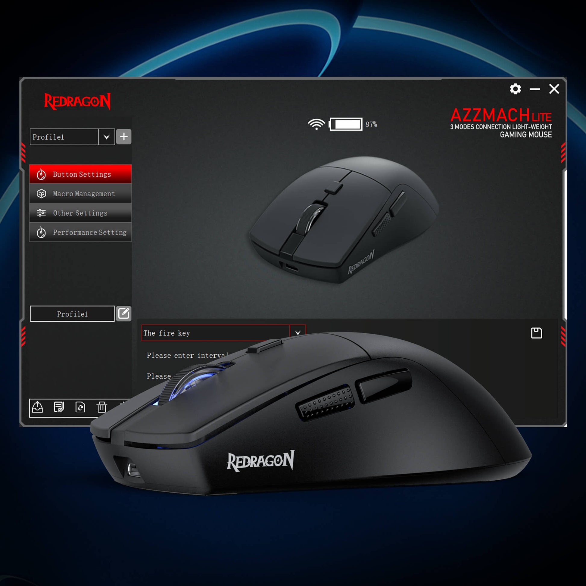 Black gaming mouse with Redragon branding on a dark background