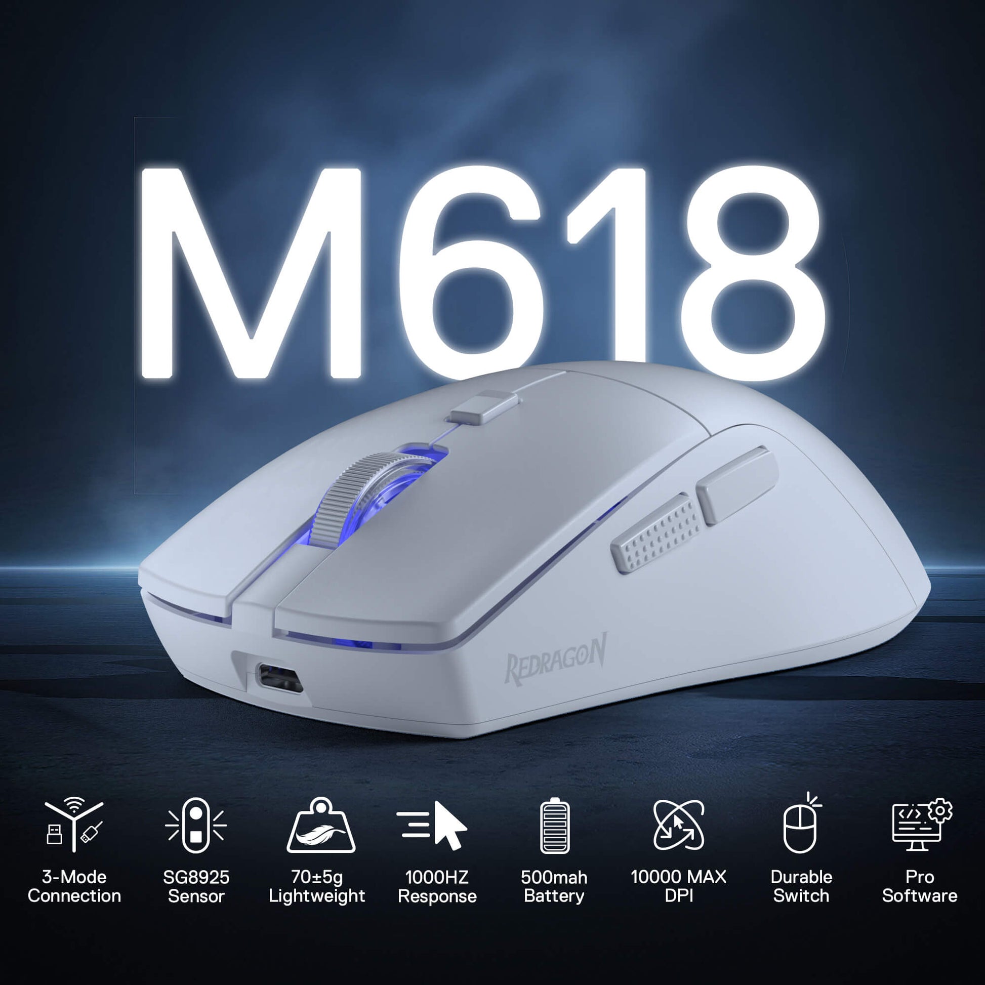 White gaming mouse with 'M618' branding on a dark background