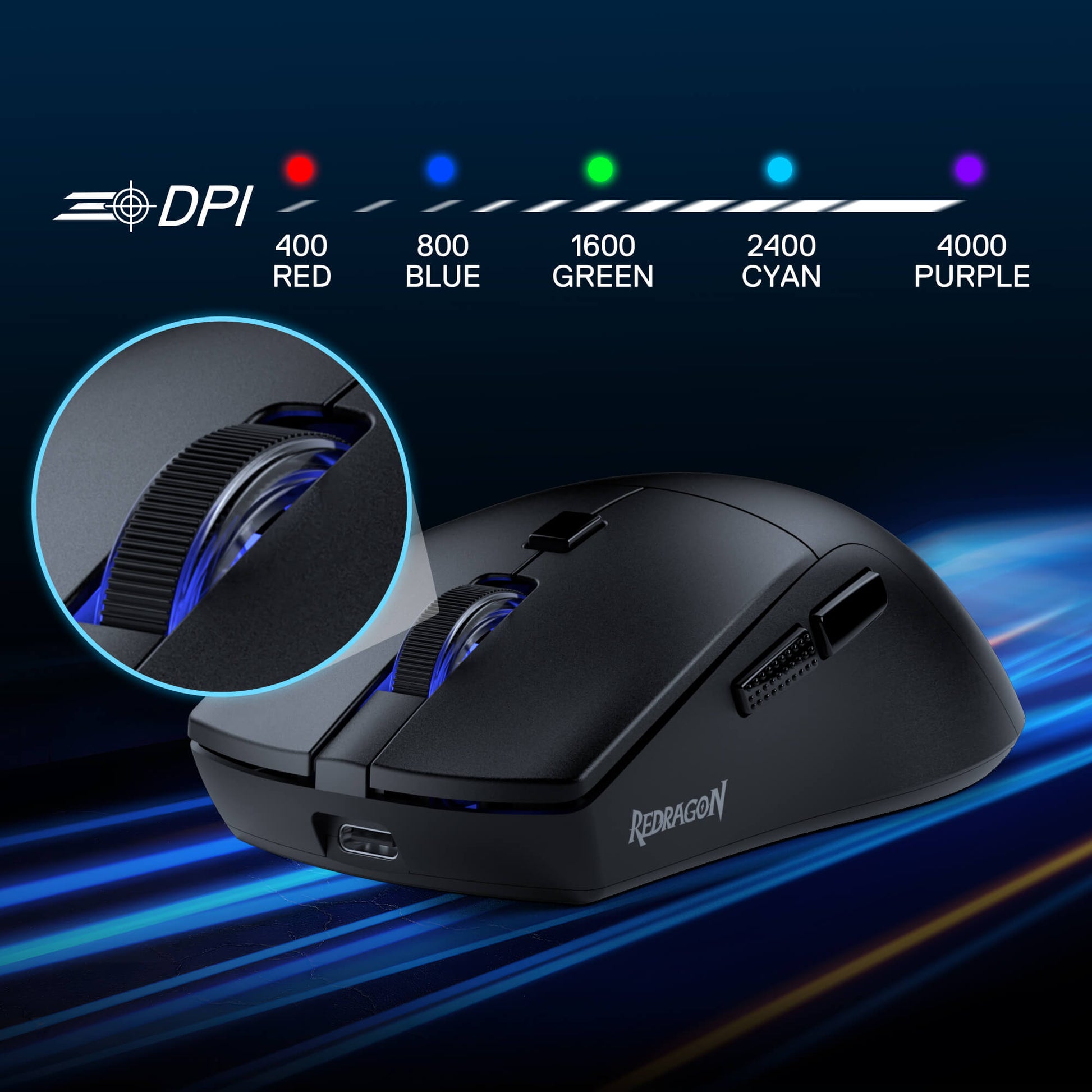 Black gaming mouse with DPI indicator on a dark background