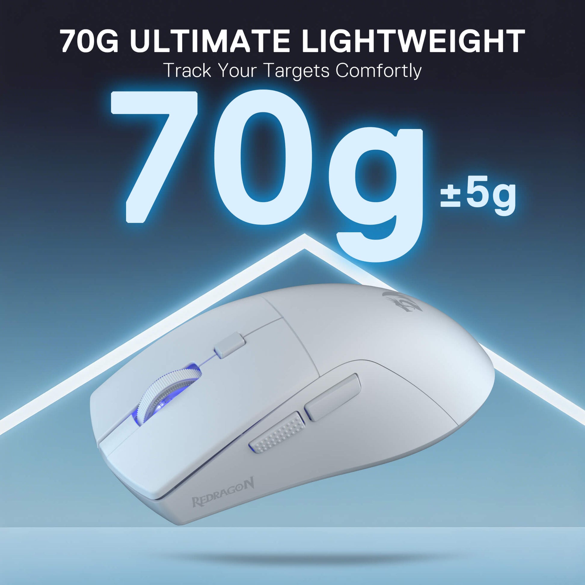 White gaming mouse with text highlighting '70g' on a blue gradient background