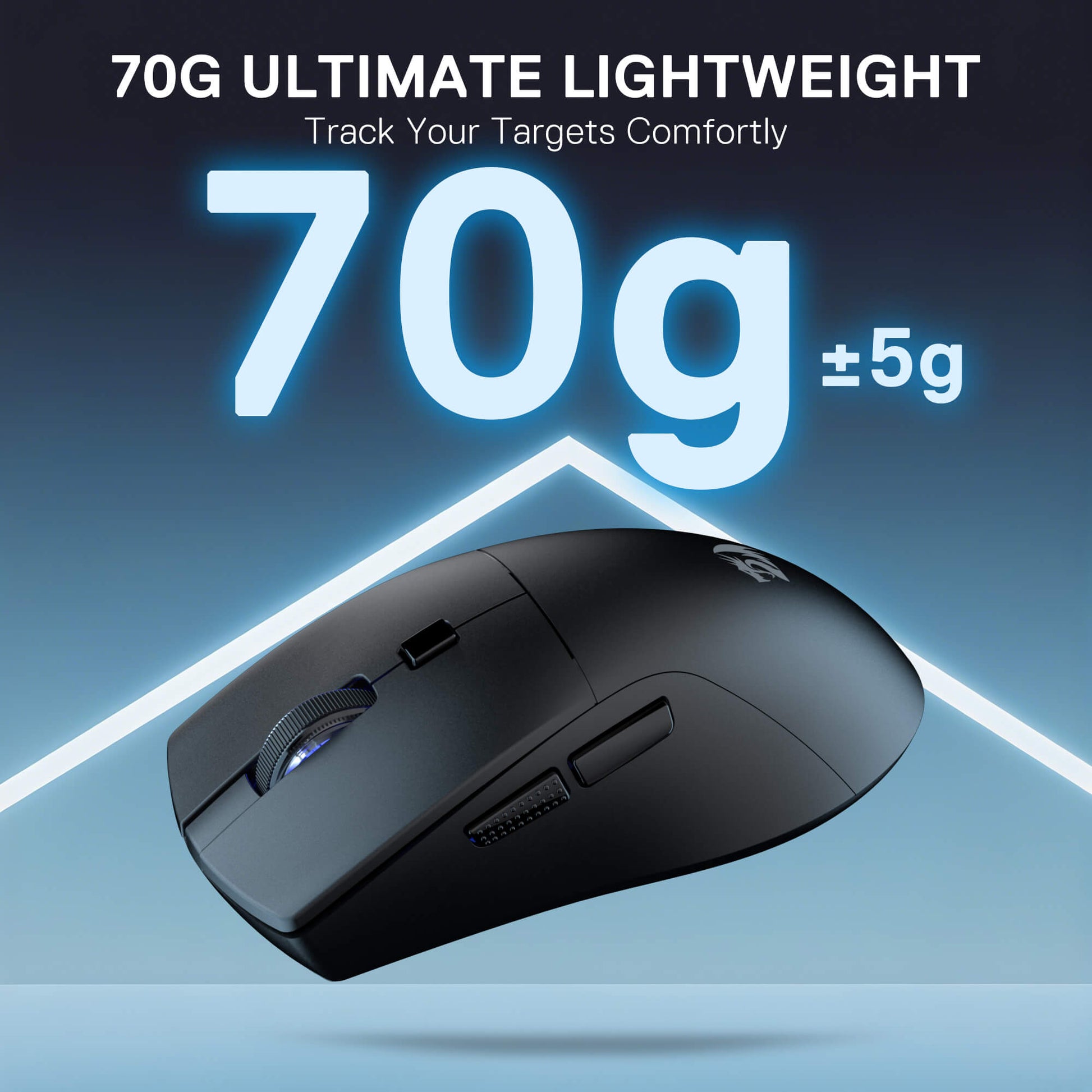 Black gaming mouse with text highlighting weight and comfort features on a blue gradient background