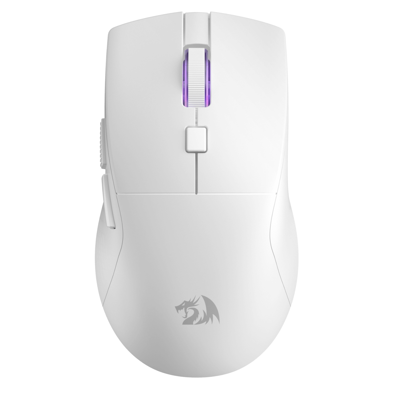 White gaming mouse with a visible brand logo on a white background