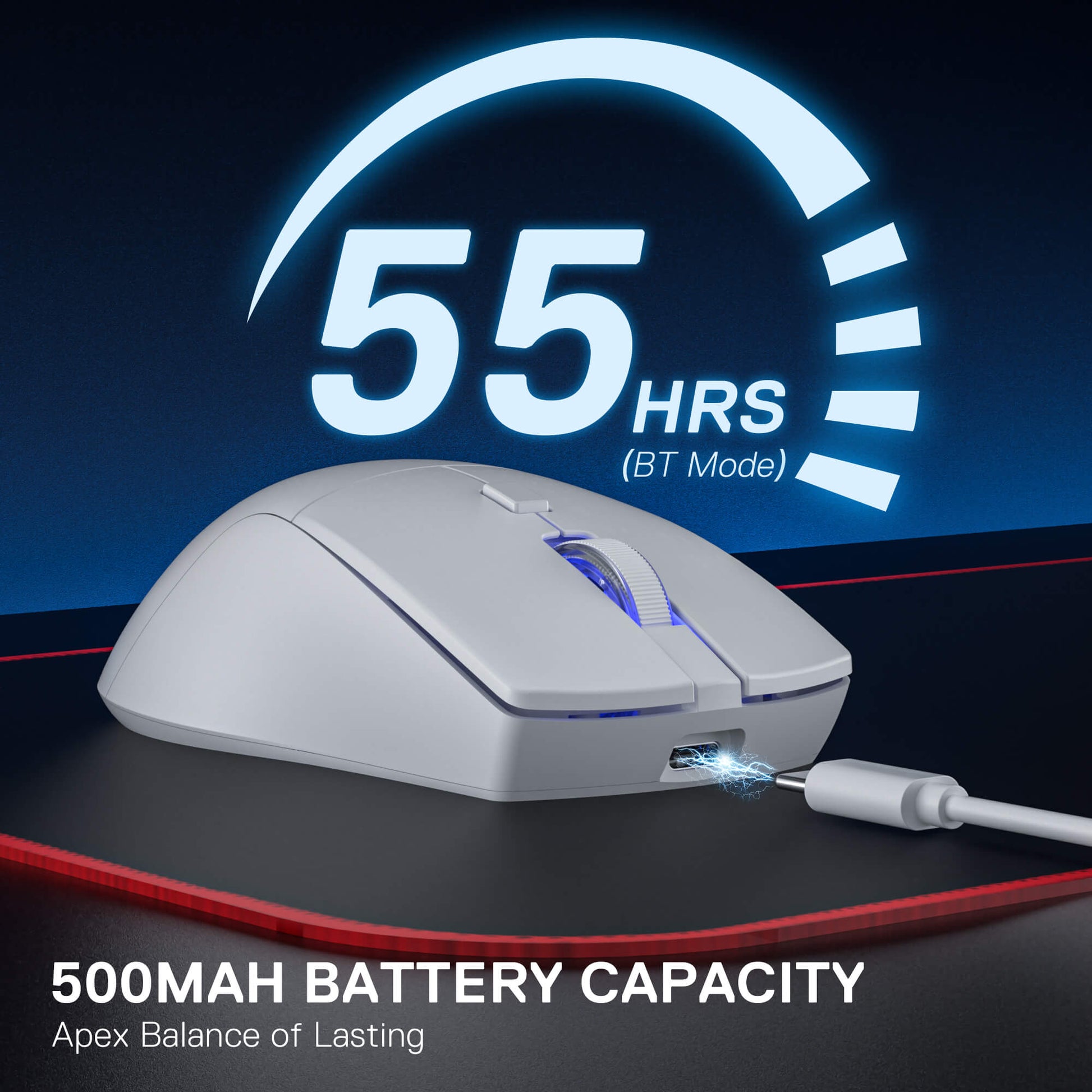 redragon white gaming mouse with charging cable on a dark background, displaying battery life and capacity information