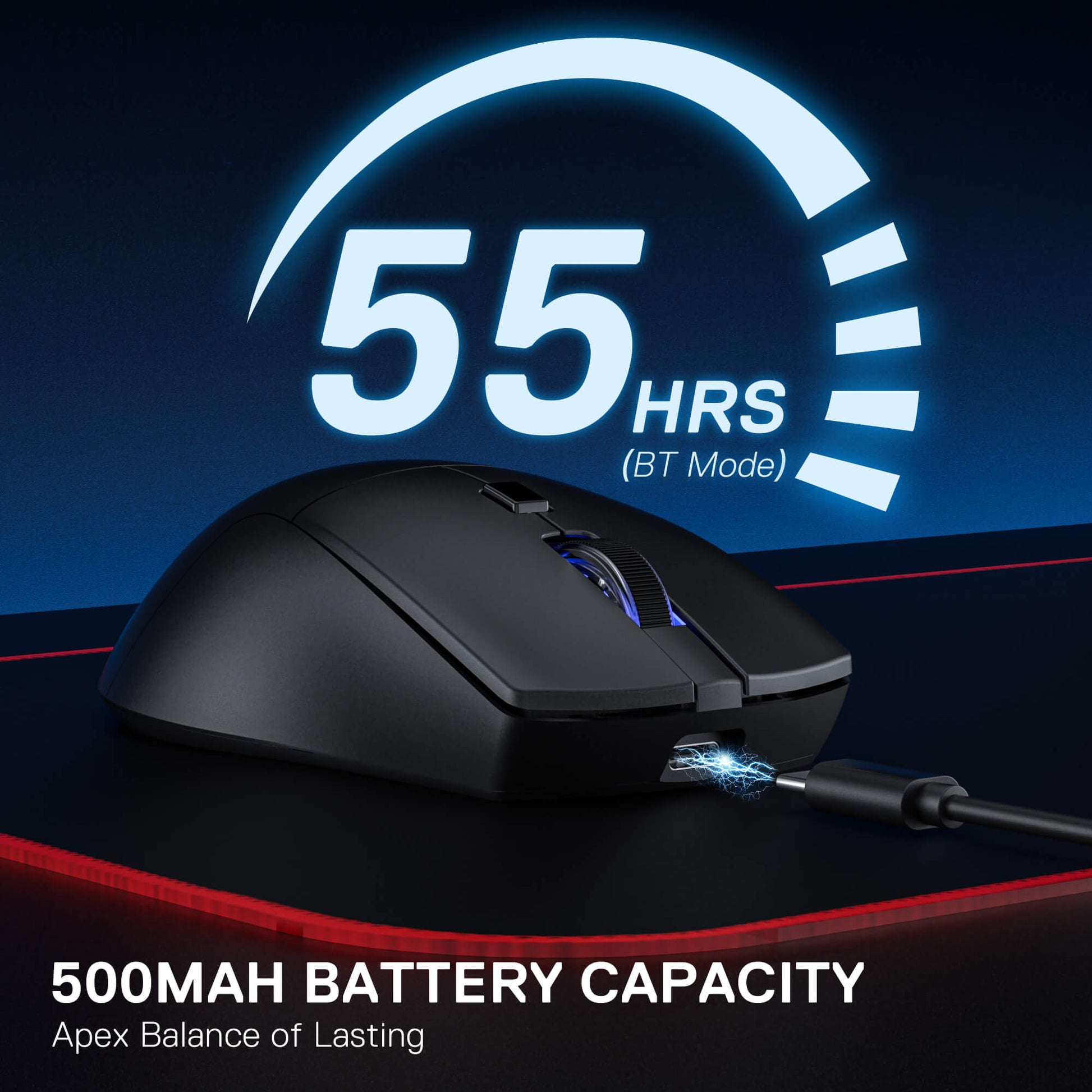 Gaming mouse with 55 hours battery life indicator on a dark background