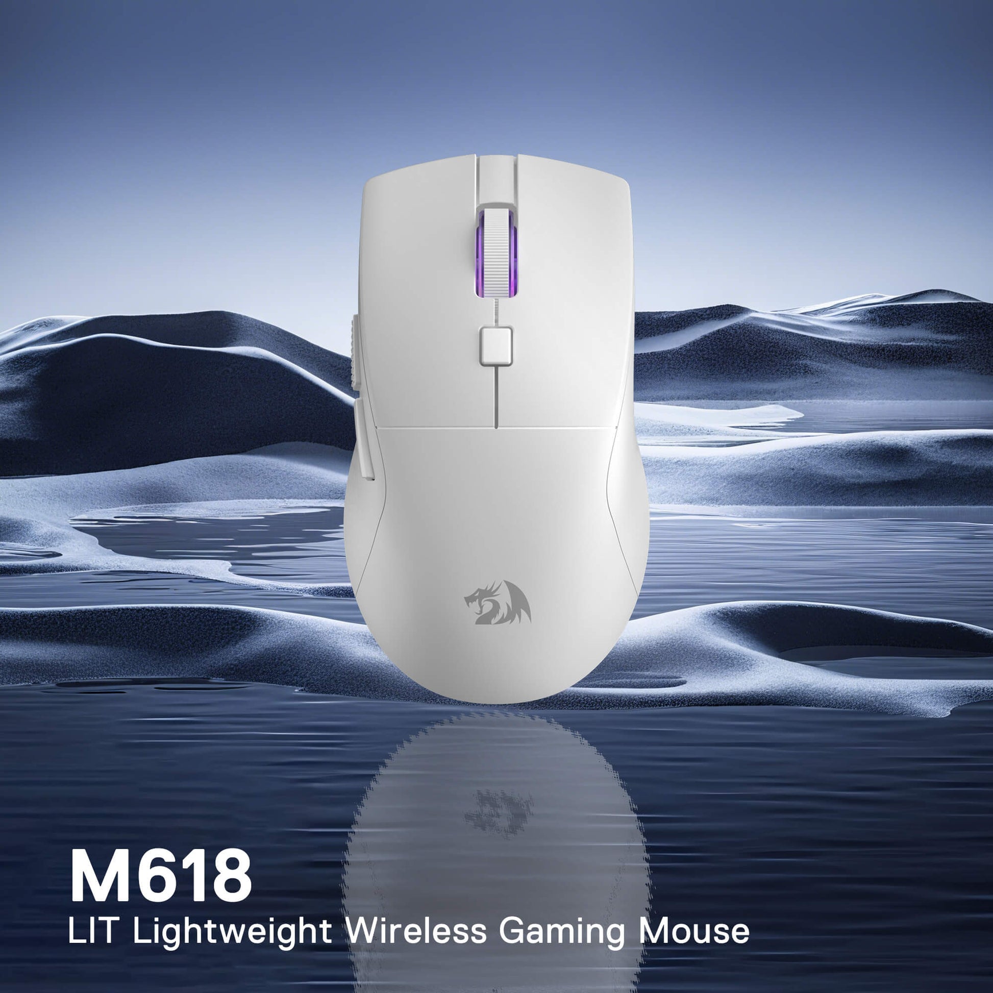 White gaming mouse with a brand logo on a blue abstract background