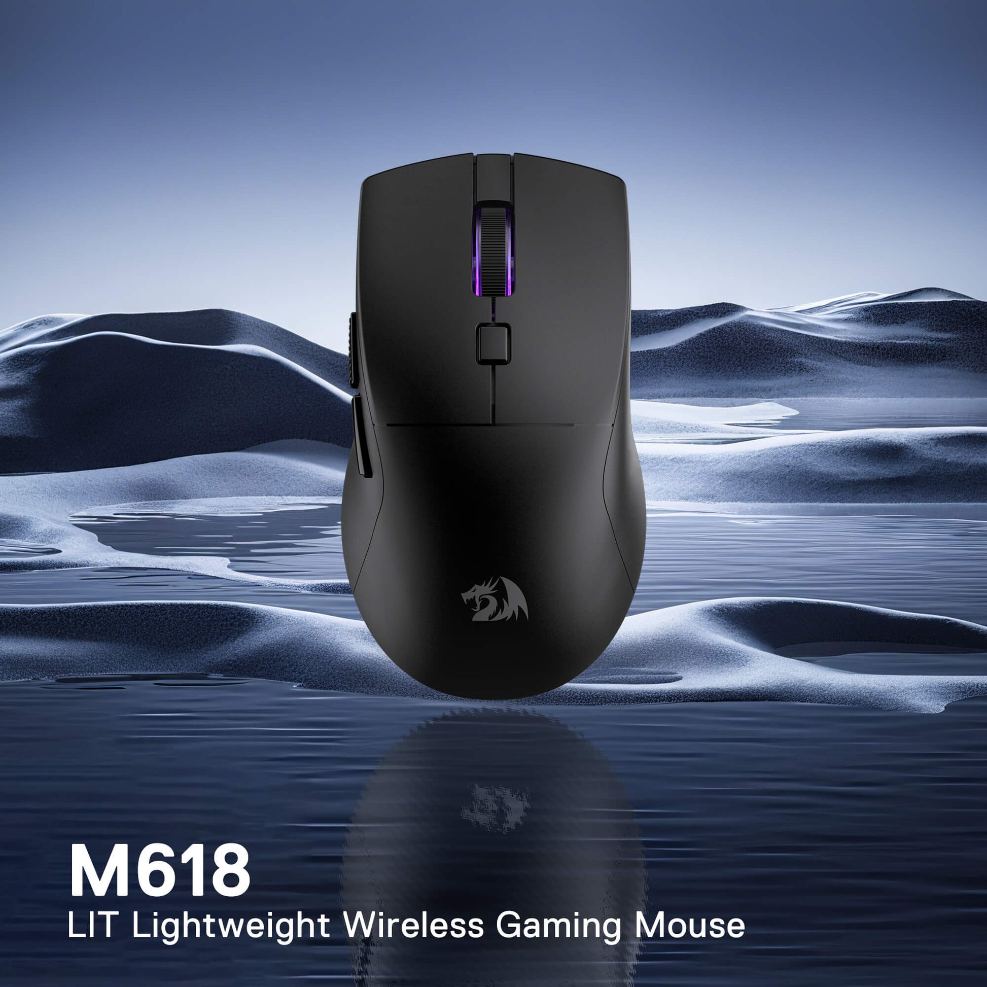 Redragon M618 Black gaming mouse with a logo on a reflective surface with mountain background