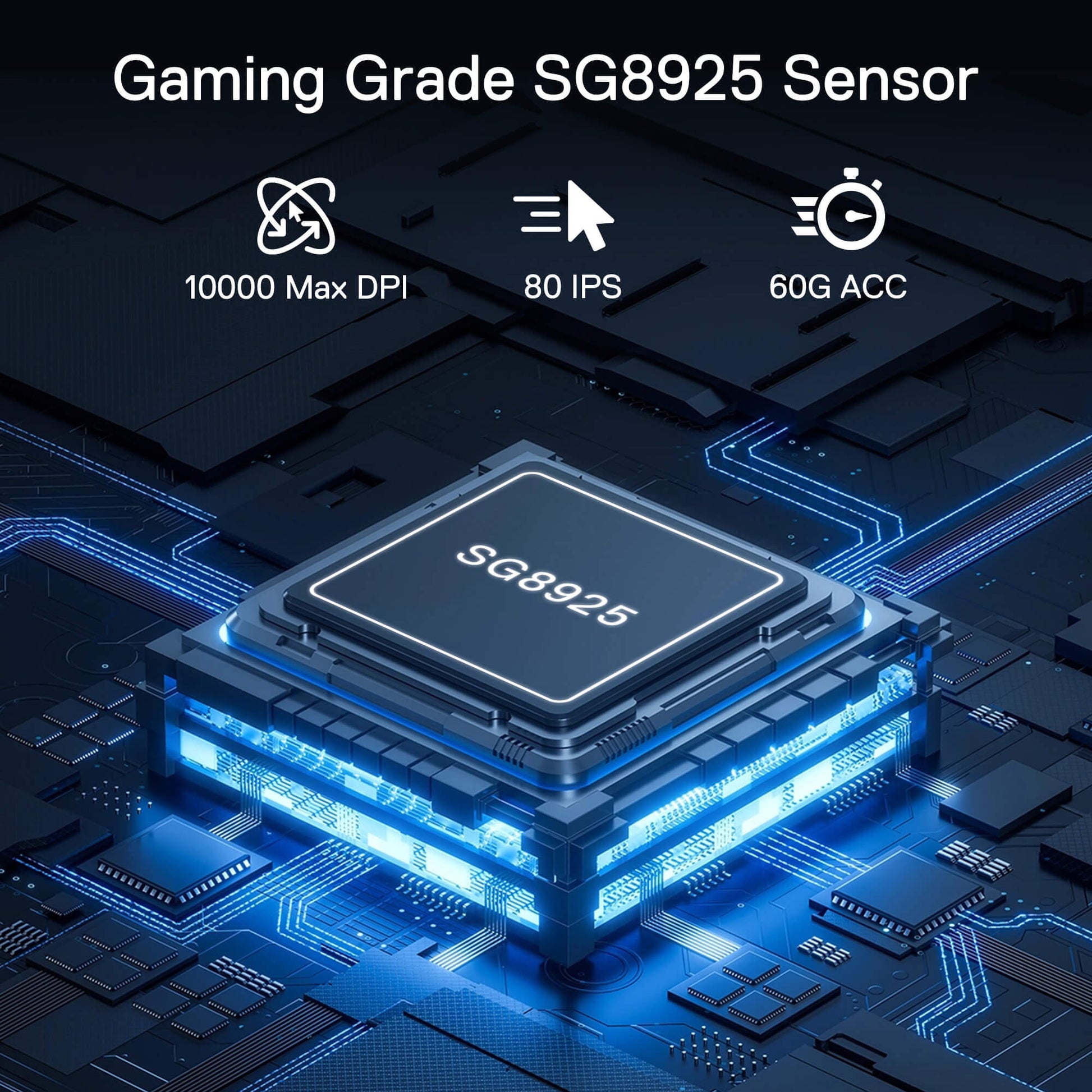 Gaming Grade SG8925 Sensor on a circuit board with specifications displayed.
