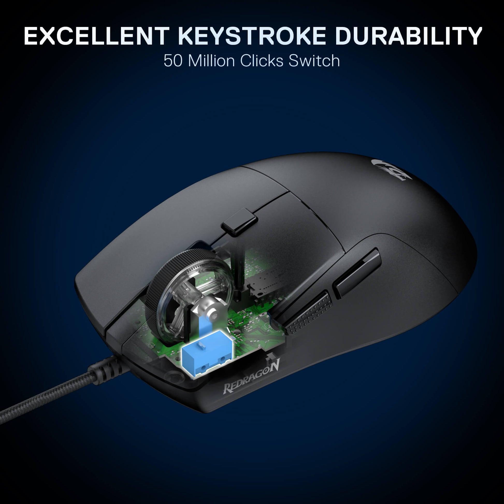 Gaming mouse with exposed mechanical switch on a dark blue background