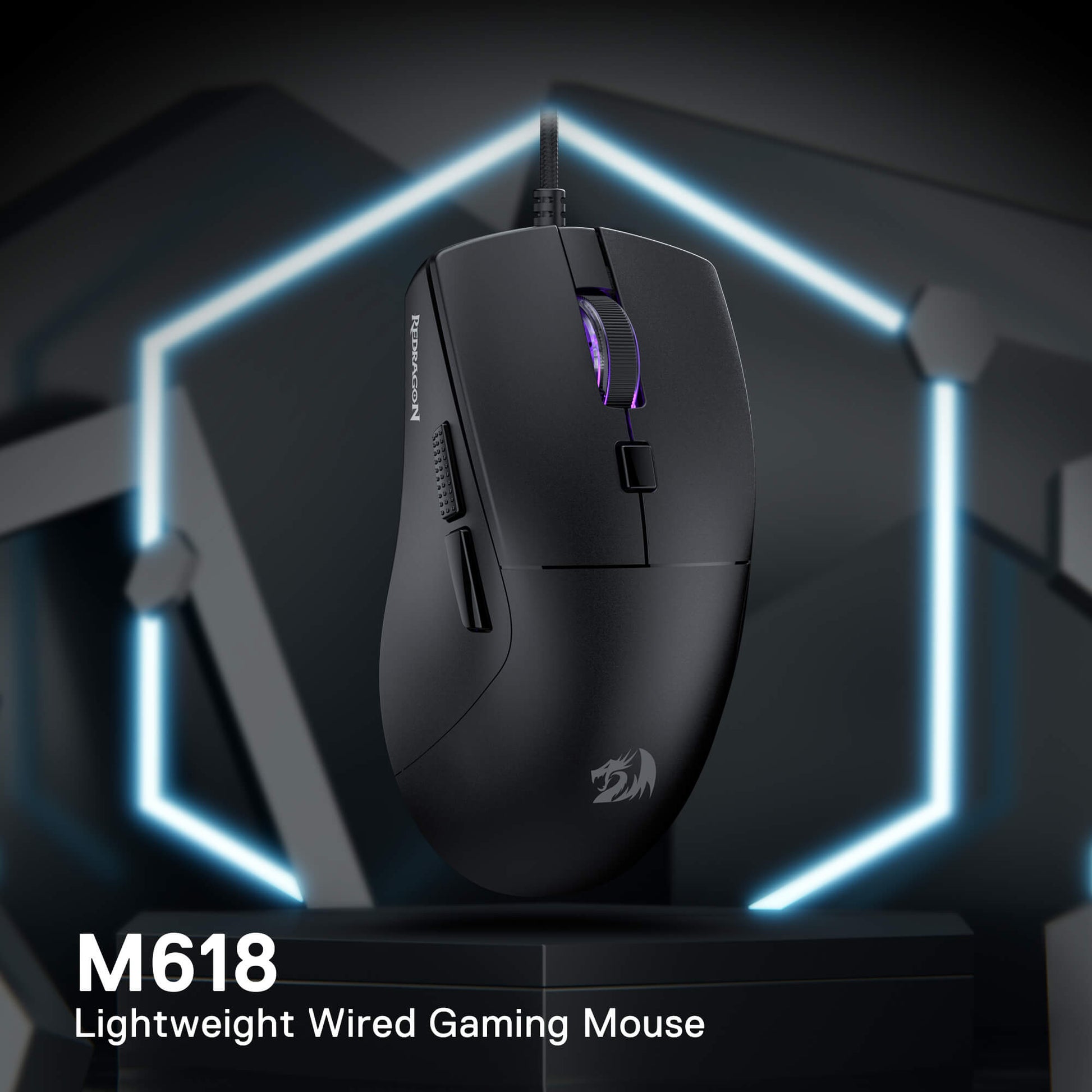 Gaming mouse with 'M618' label on a dark background