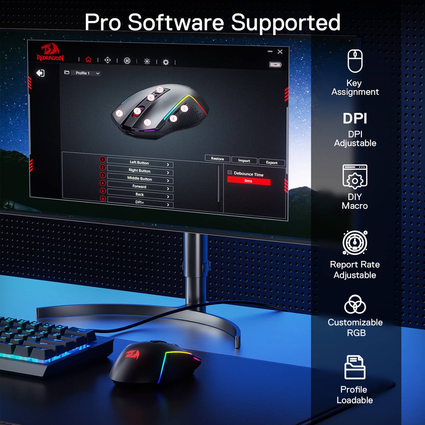 Redragon M693 LIT Wireless Gaming Mouse, 12800 DPI Mice w/ 3-Mode Connection, BT & 2.4G Wireless, 7 Macro Buttons, Reliable Power Capacity for PC/Mac/Laptop