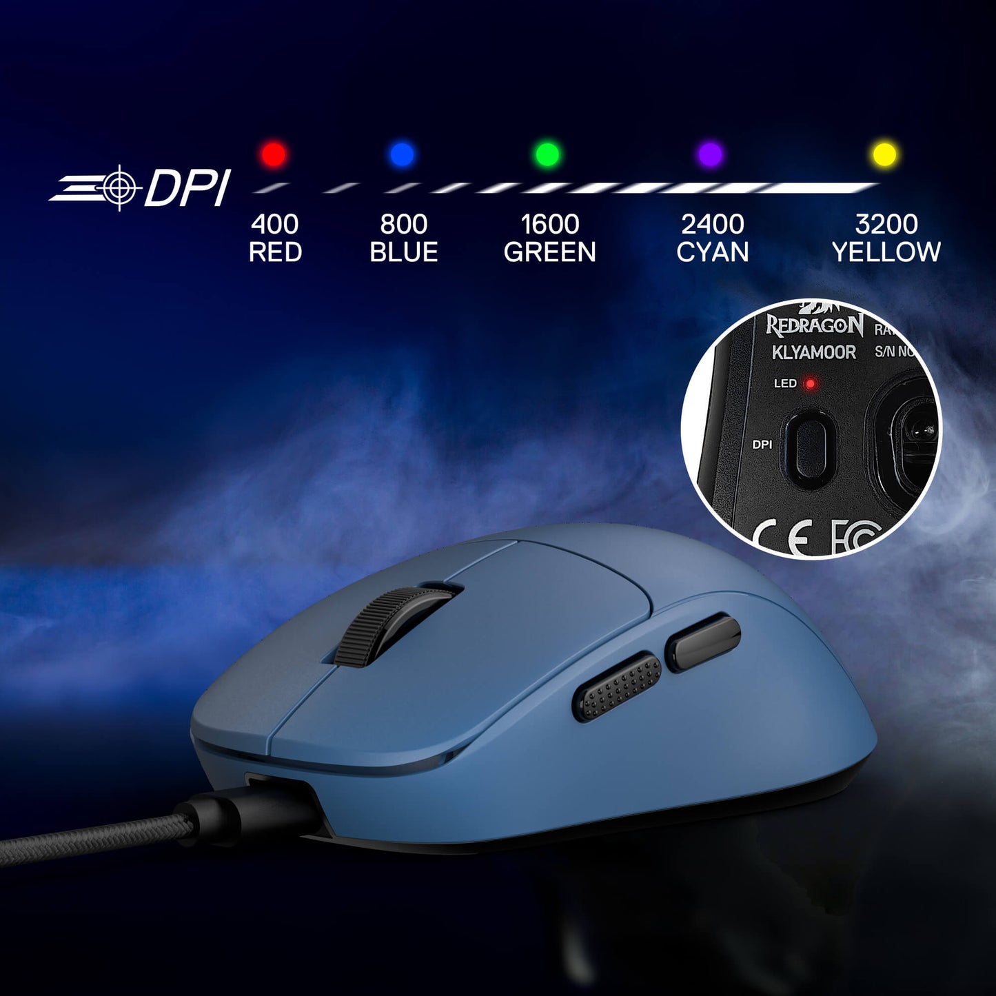 Redragon M817 Lightweight Small Blue gaming mouse with DPI indicator on a dark background