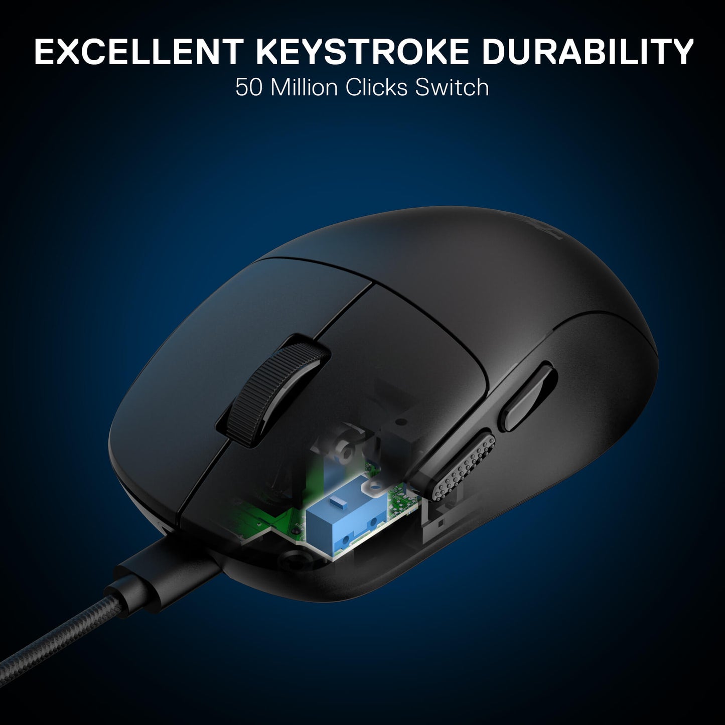 Black computer mouse with exposed internal components on a dark blue background, highlighting 'Excellent Keystroke Durability' text.