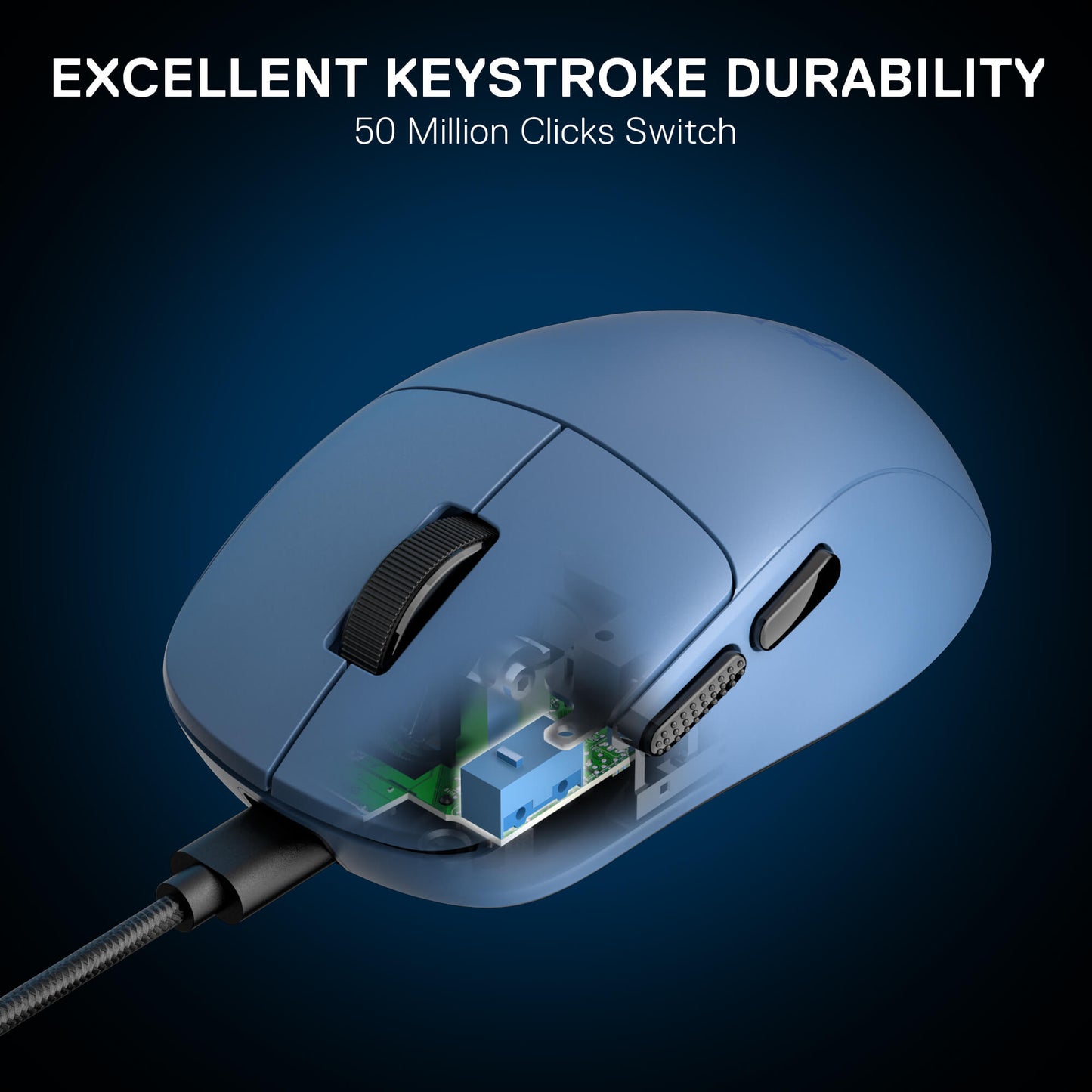 Redragon Blue computer mouse with visible internal components on a dark blue background, highlighting 'Excellent Keystroke Durability' text.