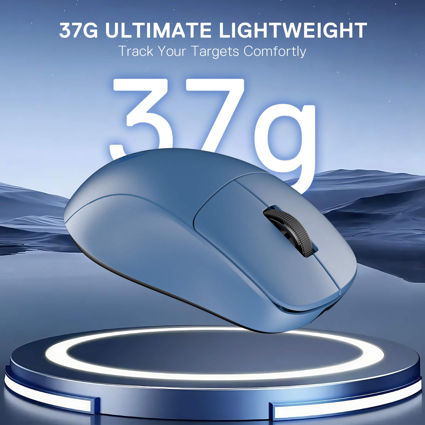 Blue computer mouse on a circular platform with '37g' and 'Ultimate Lightweight' text on a blue gradient background.