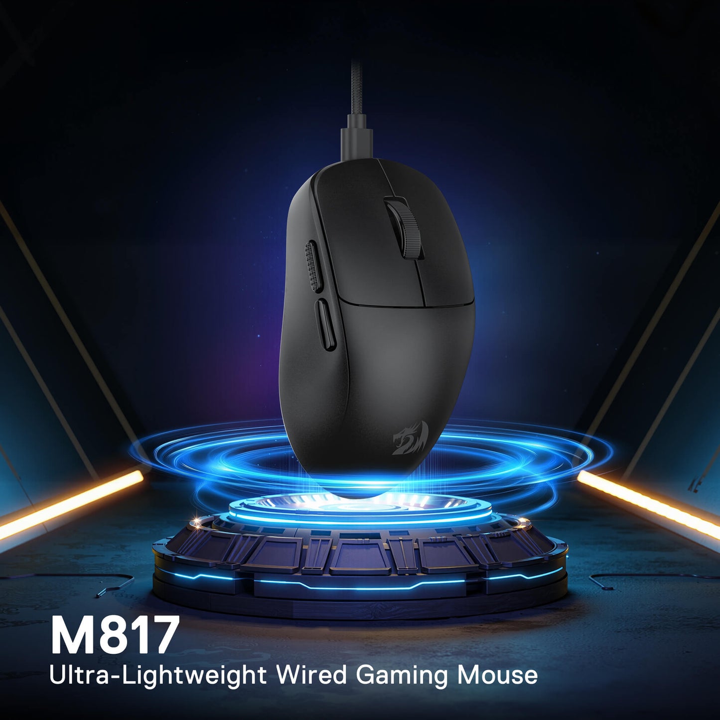 Redragon M817 Lightweight Small Black gaming mouse with glowing blue effects on a dark background