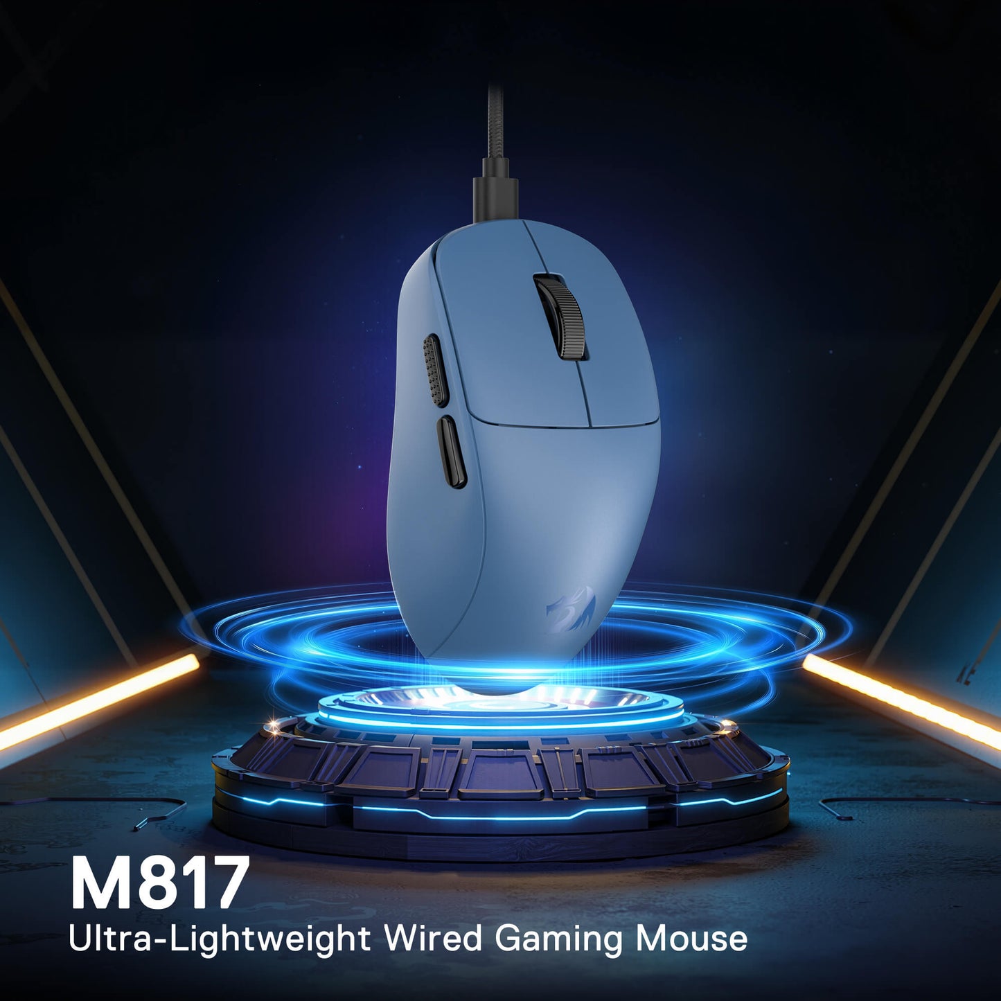 Redragon M817 Lightweight Small Blue gaming mouse with glowing effects on a dark background, featuring the model number M817.