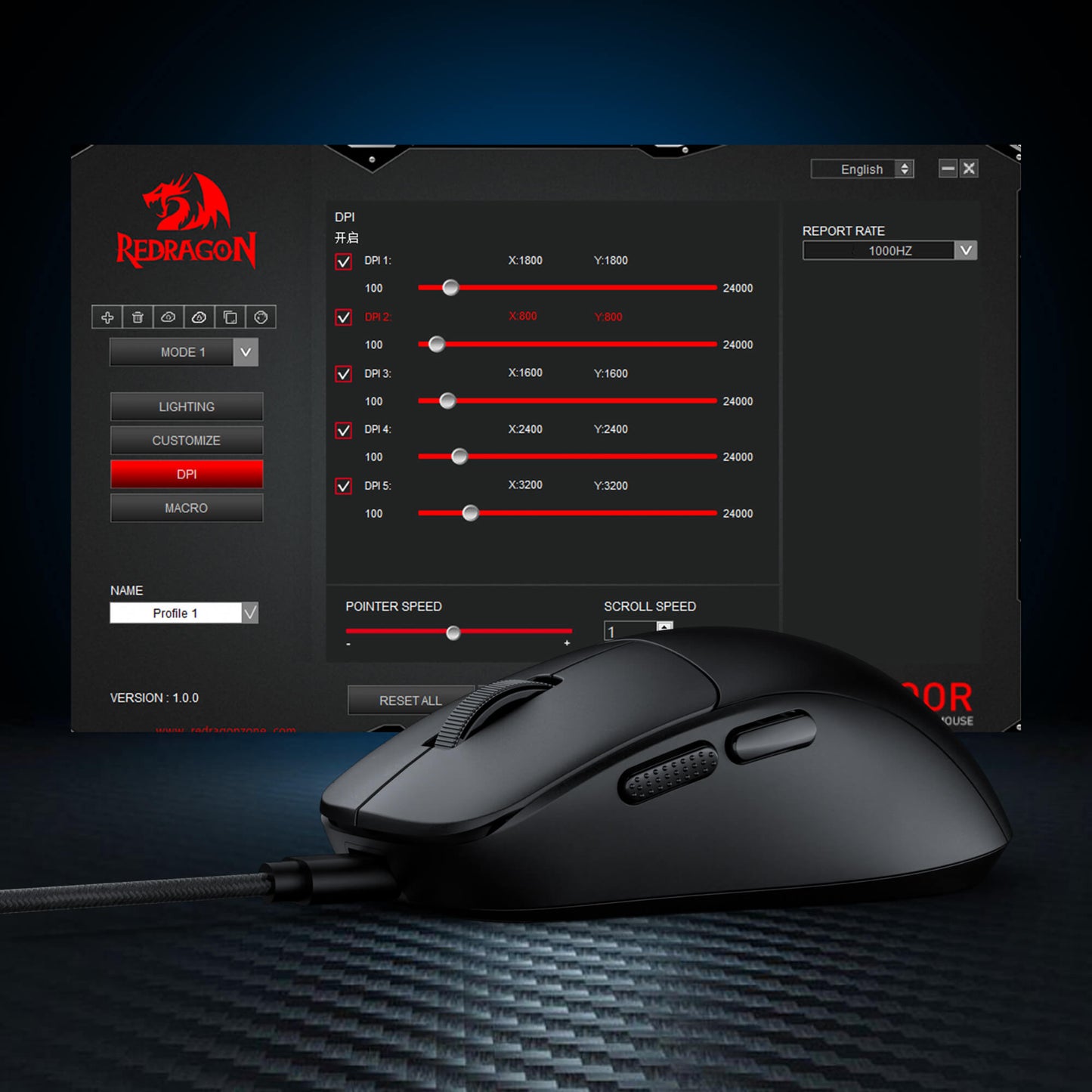 Black gaming mouse with Redragon software interface on a dark background