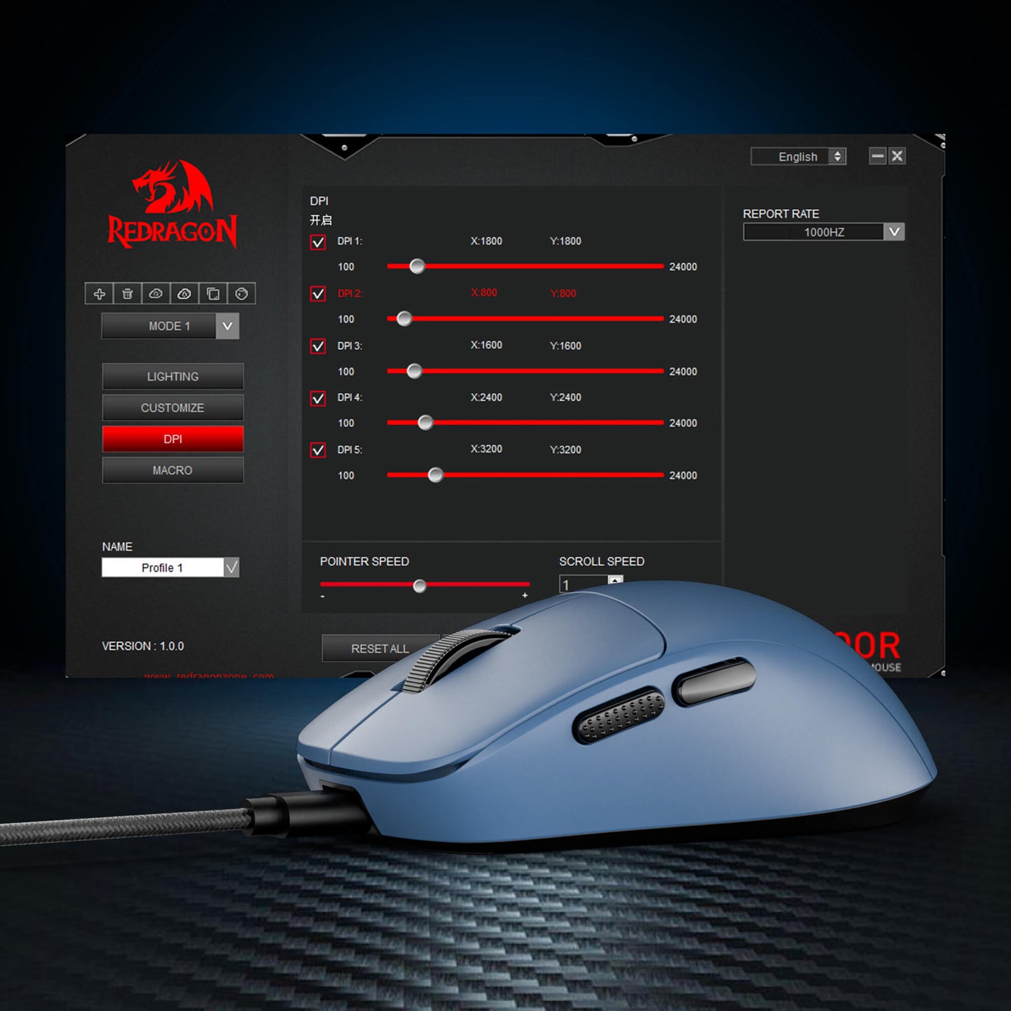 Blue gaming mouse with Redragon software interface on a dark background