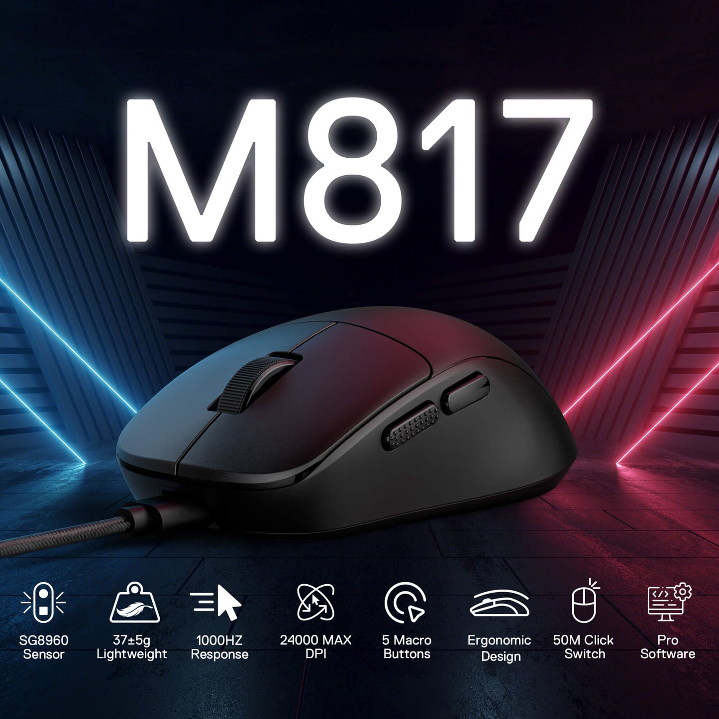 Gaming mouse M817 with specifications on a dark background