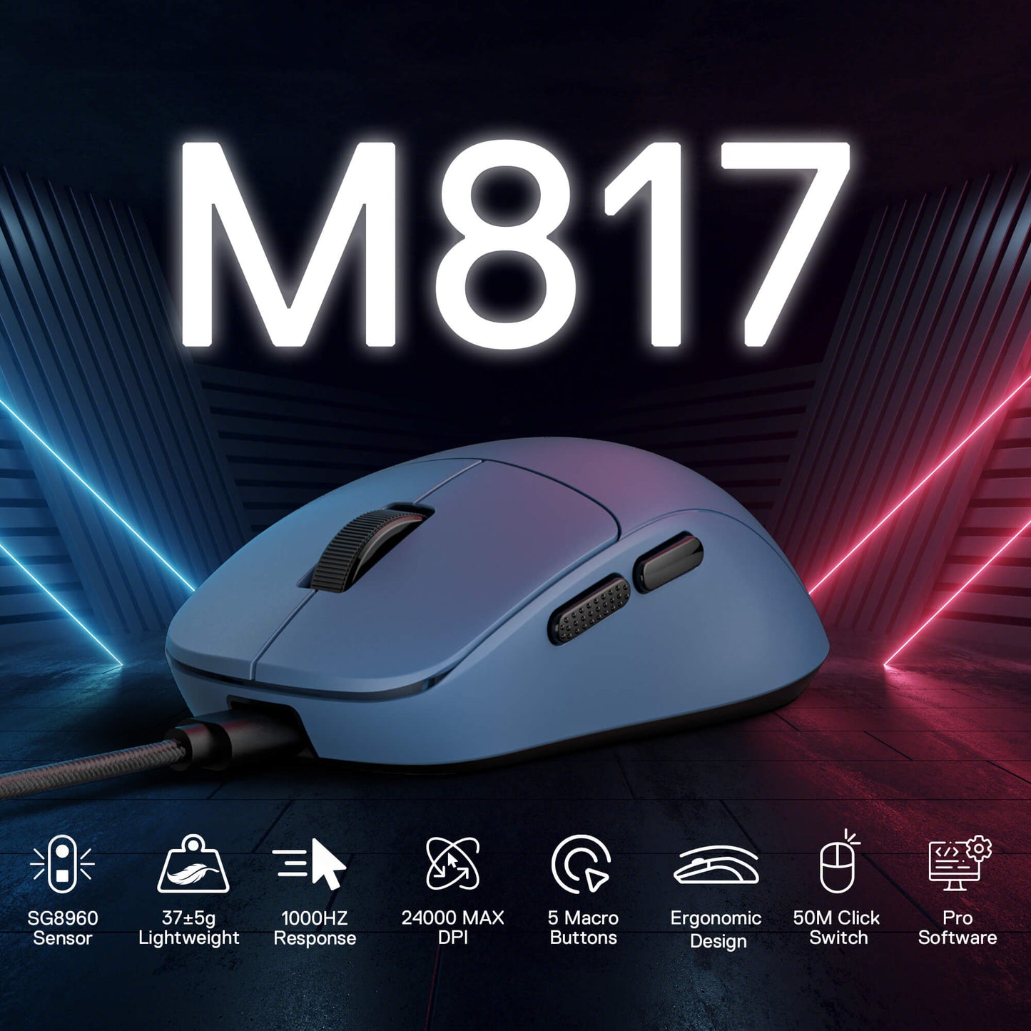 Redragon M817 Lightweight Small Blue gaming mouse with 'M817' branding on a dark background with neon lights.
