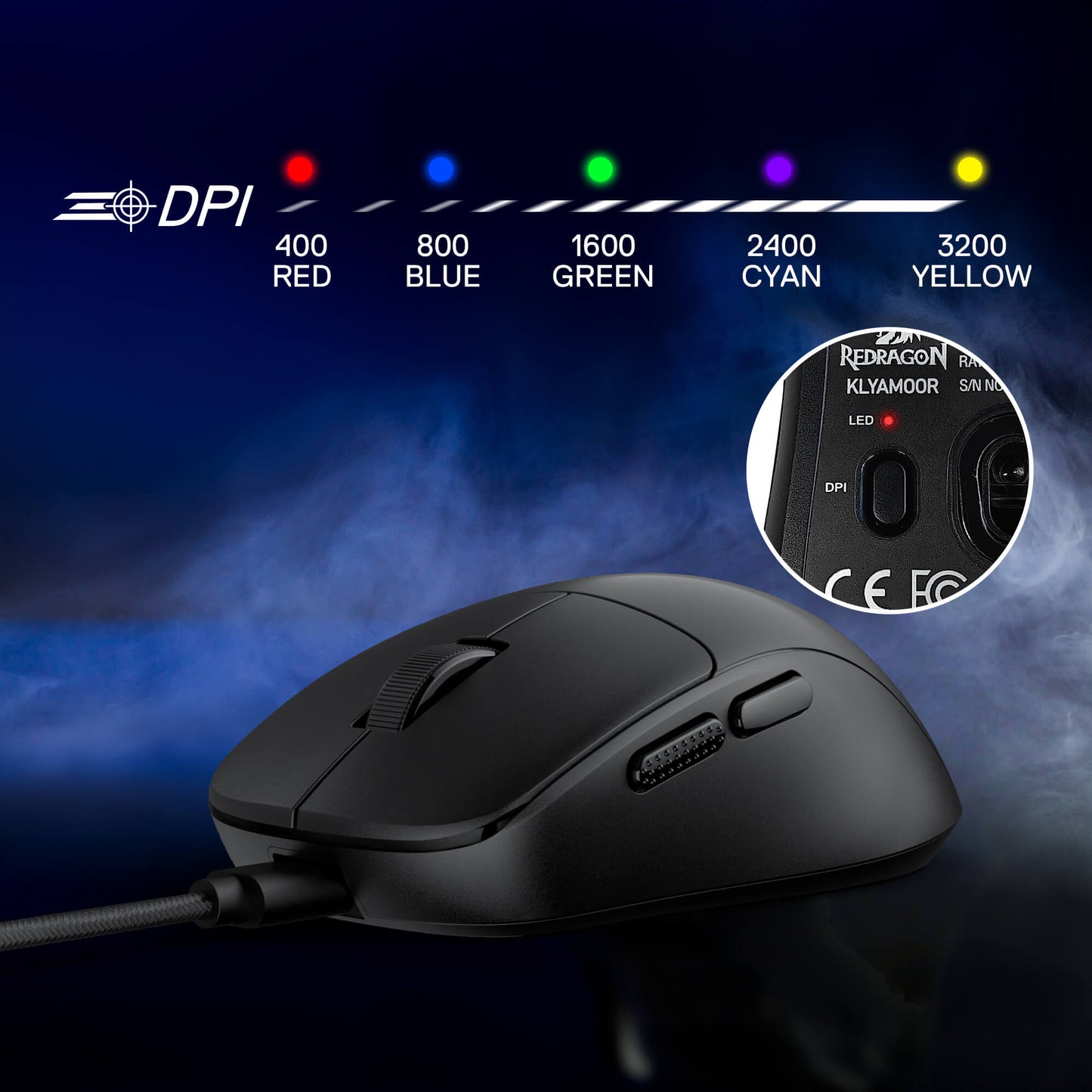 Redragon M817 Lightweight Small Black gaming mouse with DPI settings on a dark background