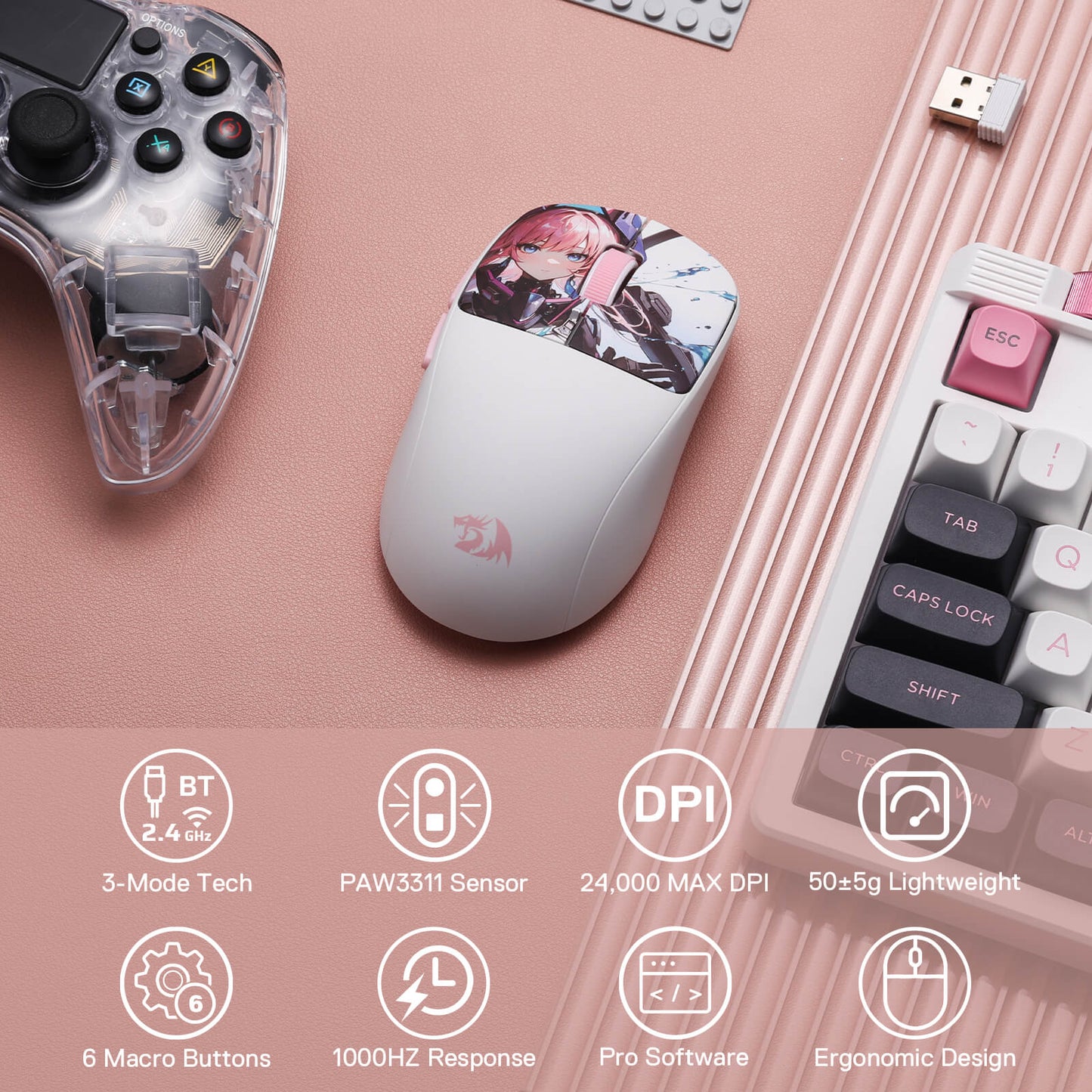 Redragon M817 PRO White gaming mouse with floral design on a pink surface with gaming accessories.
