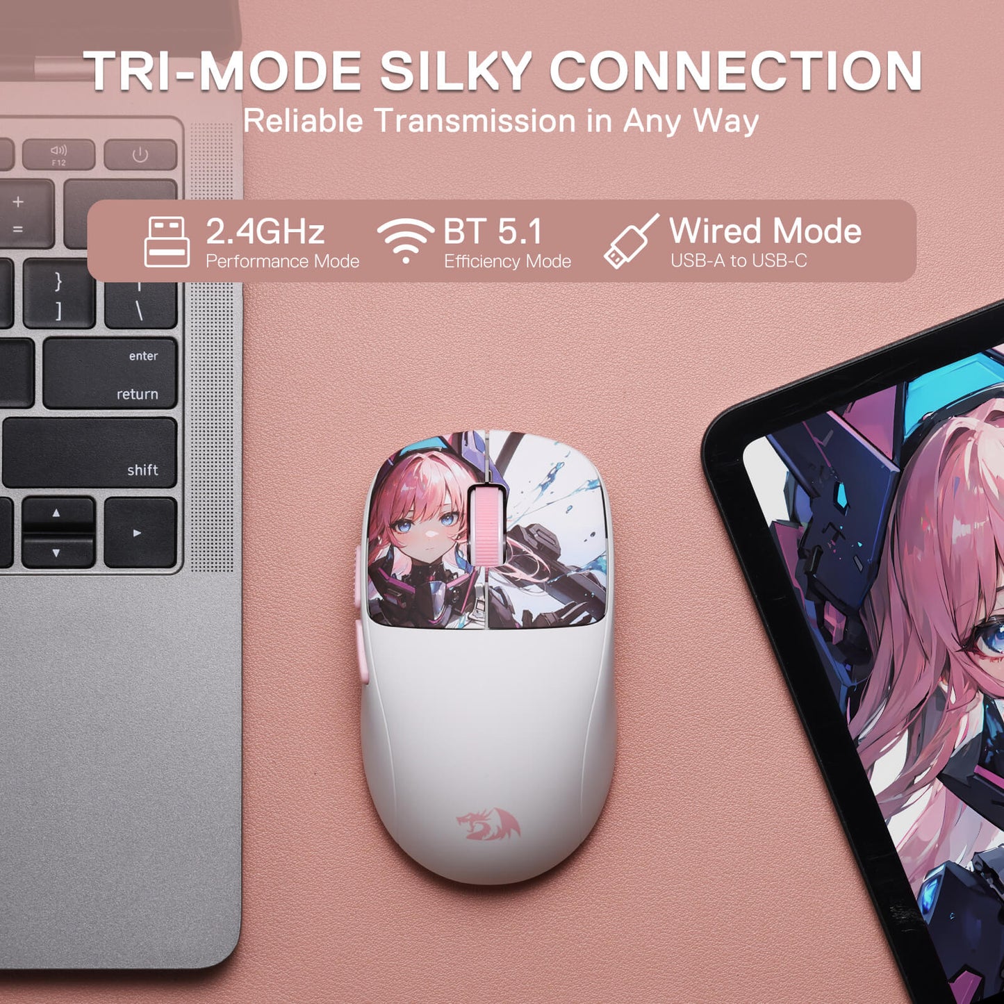 Redragon M817 PRO Wireless mouse with anime character design next to a laptop and tablet on a pink background