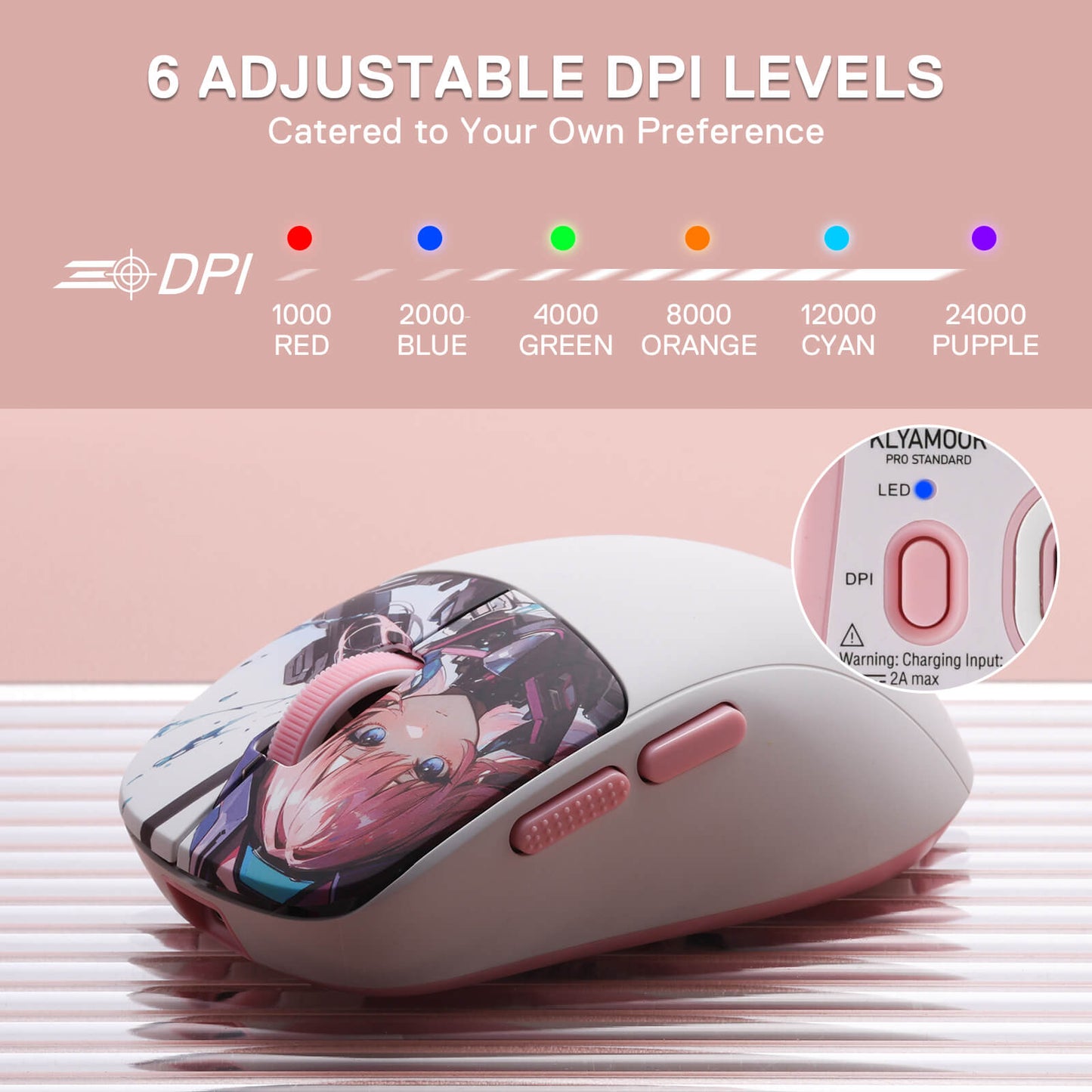 Redragon M817 PRO Floral-patterned computer mouse with DPI adjustment options on a pink background