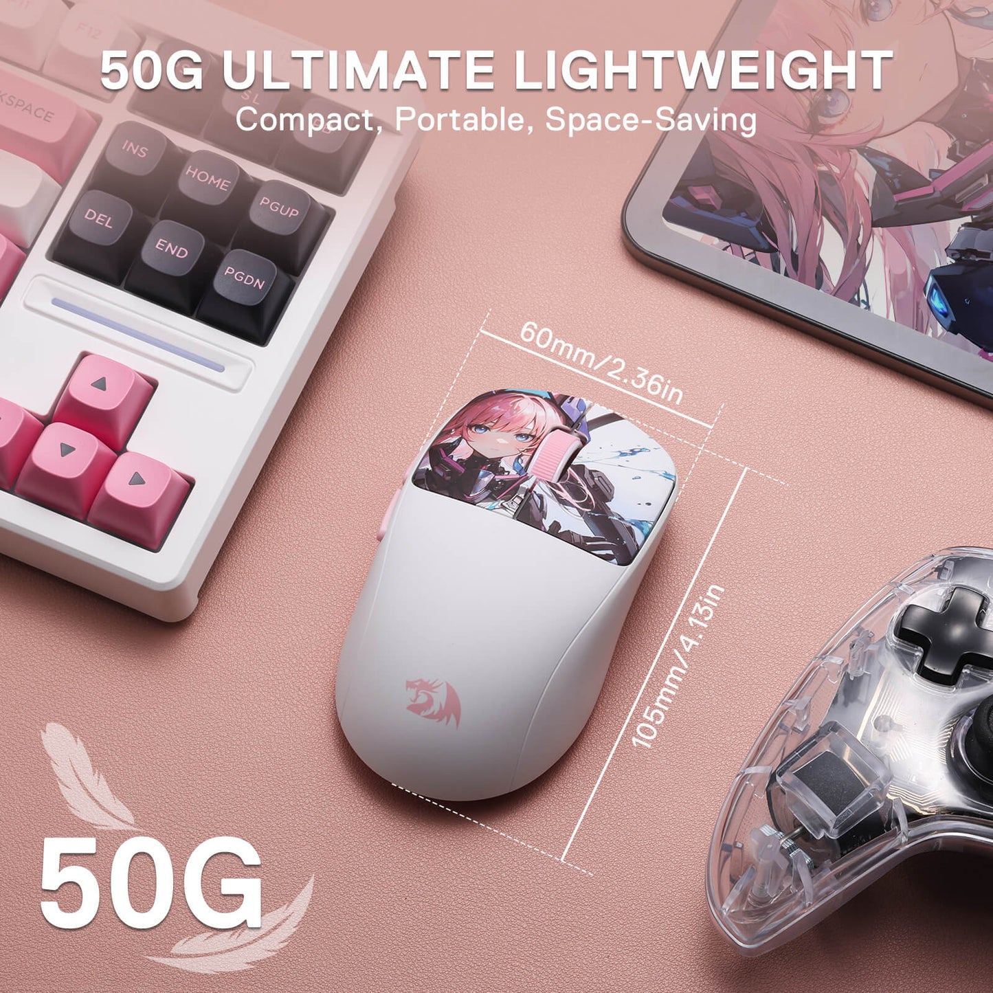 Small white mouse with gaming accessories on a pink surface, highlighting its compact size.