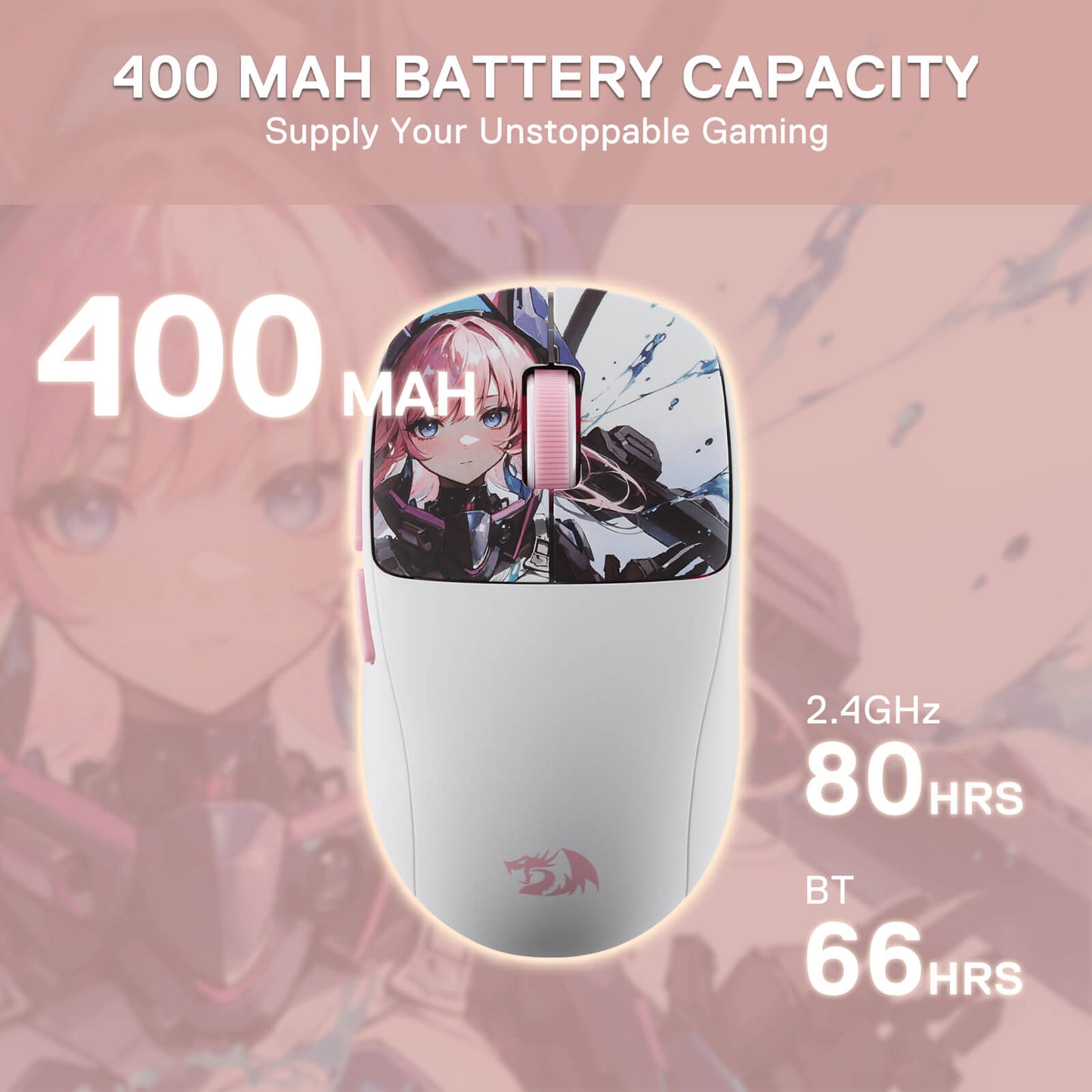 Redragon M817 PRO Gaming mouse with anime design on a pink background
