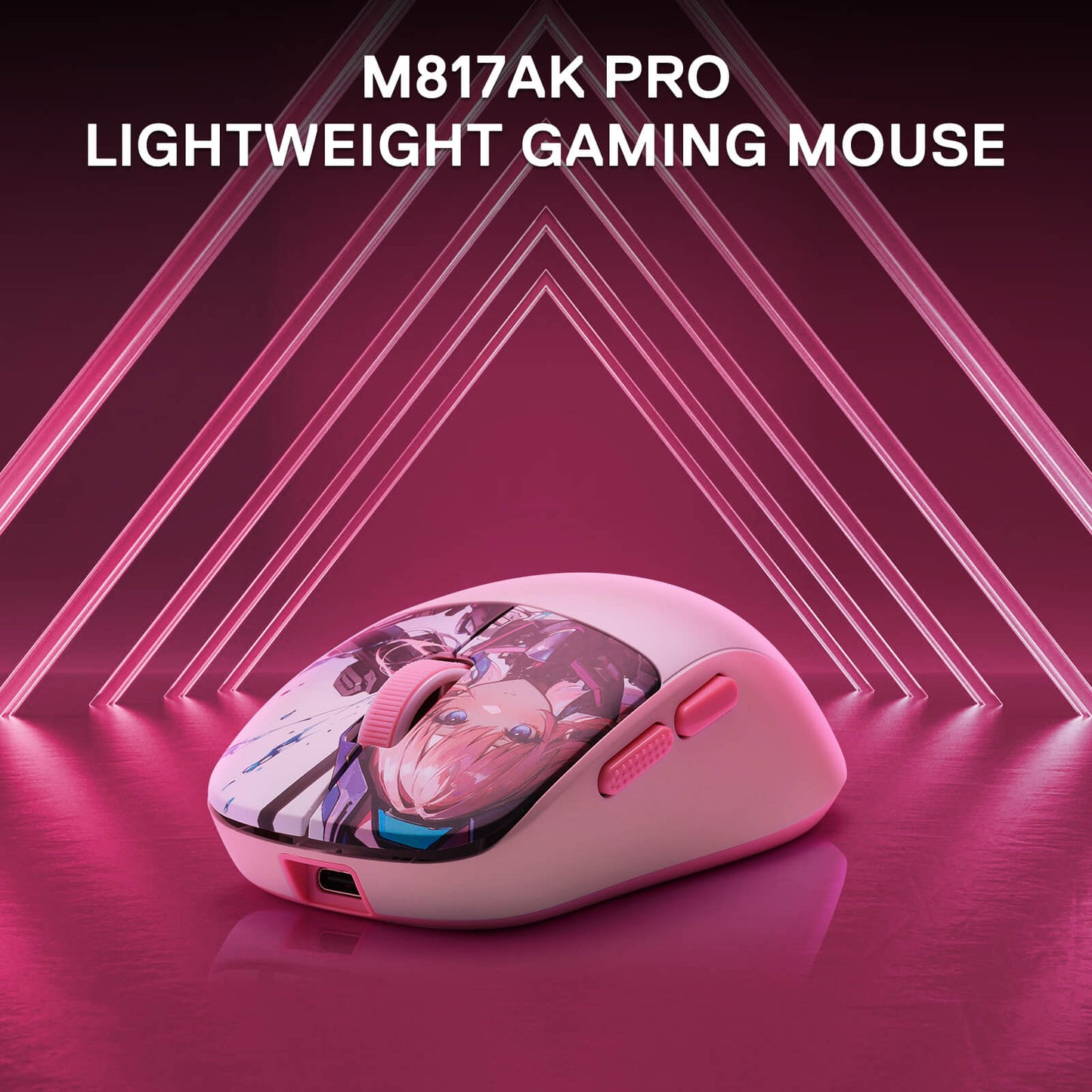 Pink gaming mouse with 'Redragon M817AK PRO' text on a pink background