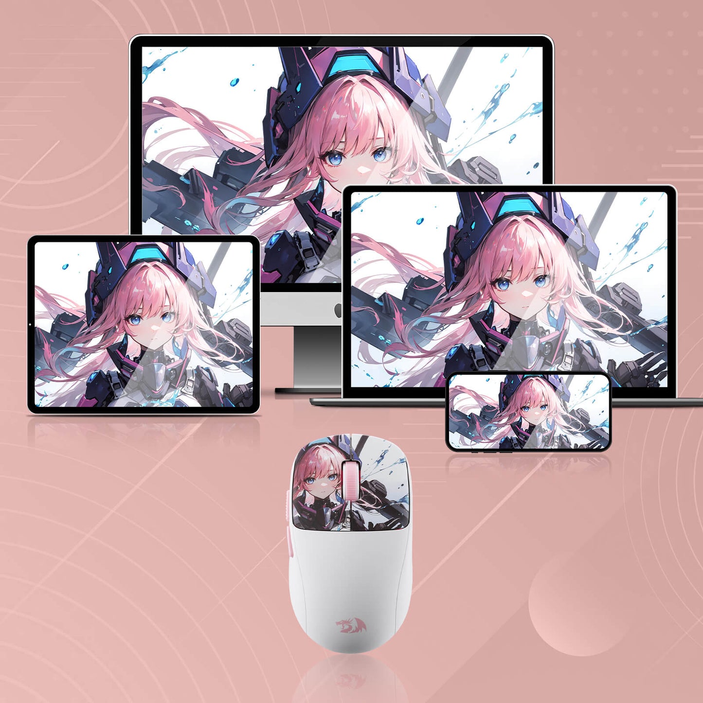 White computer mouse with anime character design on a pink background