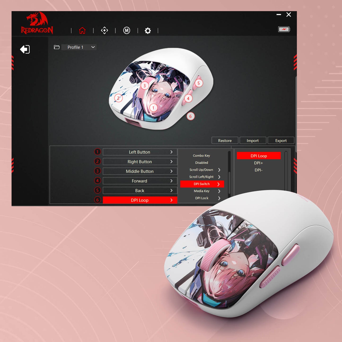 Redragon M817 PRO Mouse with customizable settings interface on a pink background