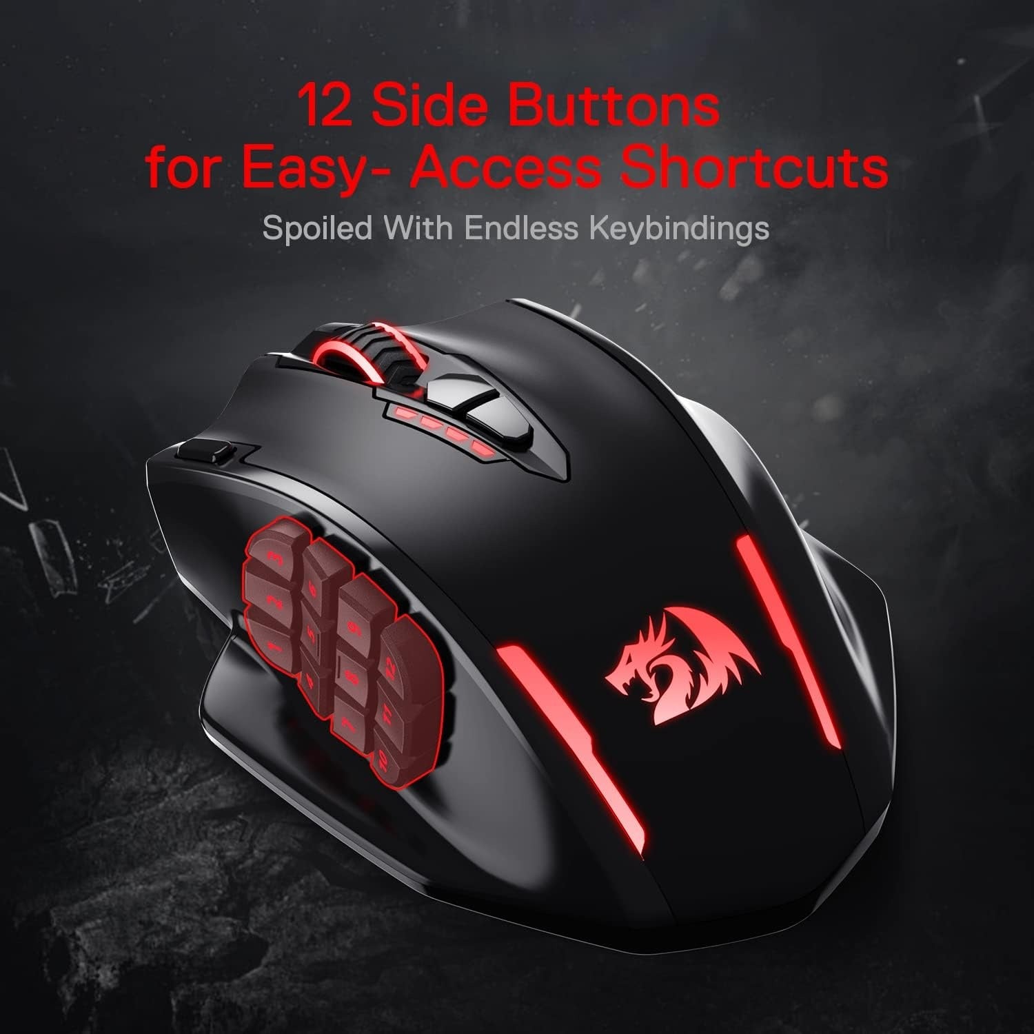 Redragon M913 Impact Elite Wireless Gaming Mouse, 16000 DPI Wired/Wireless RGB Mouse with 16 Programmable Buttons, 45 Hr Battery and Pro Optical Sensor, 12 Side Buttons MMO Mouse