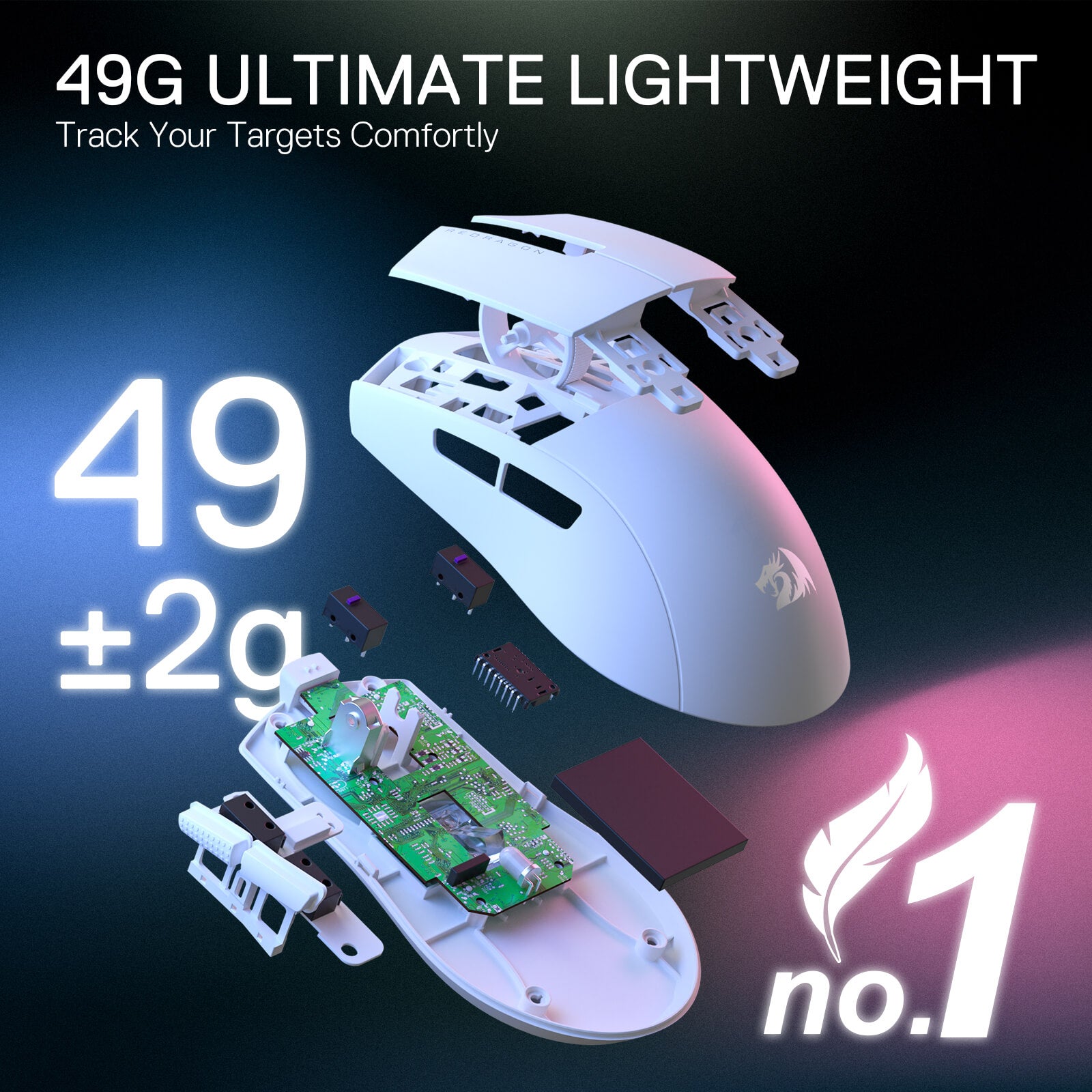 Redragon M916 STD 3-Mode Wireless Gaming Mouse, 49G Ultra-Light 24K DPI Mice w/Ergonomic Natural Grip Build, Full Programmable Buttons, Software Supports DIY Keybinds & DPI