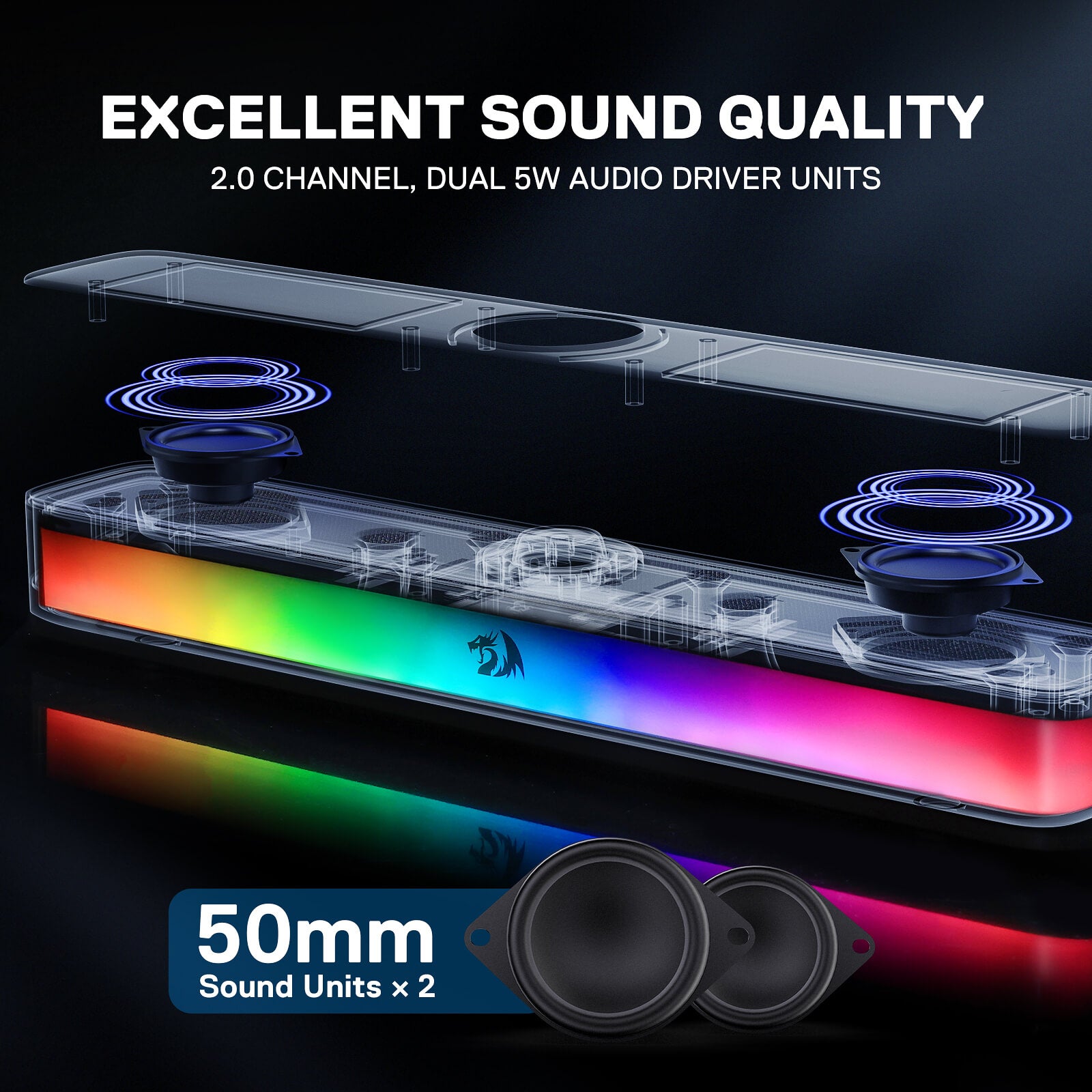 Redragon GS515 RGB Desktop Soundbar, 2.0 Channel Stereo Computer Speakers for Desktop with Bluetooth 5.3, USB-C/USB Powered, Black