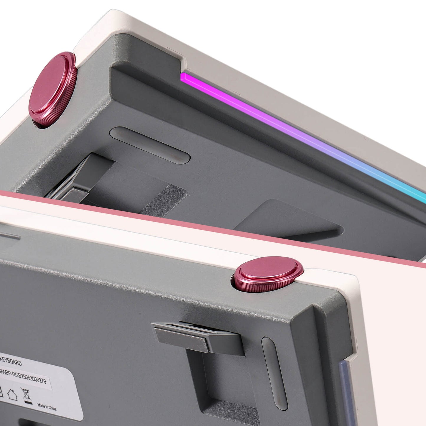 Close-up of a gray electronic device with red buttons on a white background