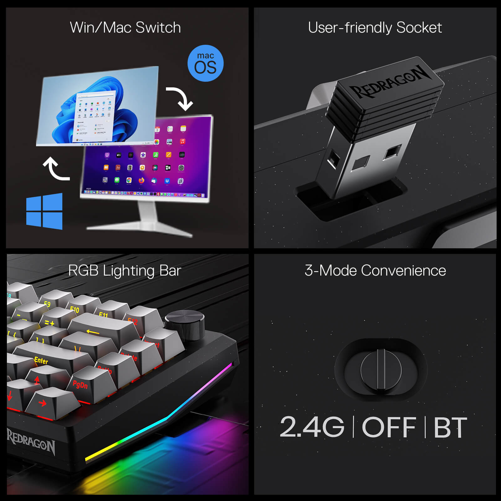 Redragon K687 Wireless CNC Gasket Gaming Keyboard, 81 Keys Mechanical Keyboard w/Premium CNC Aluminum Board, Easy-Control Knob, 5-Layer Noise Dampening, Custom Linear Switch, PBT Gradient Keycaps