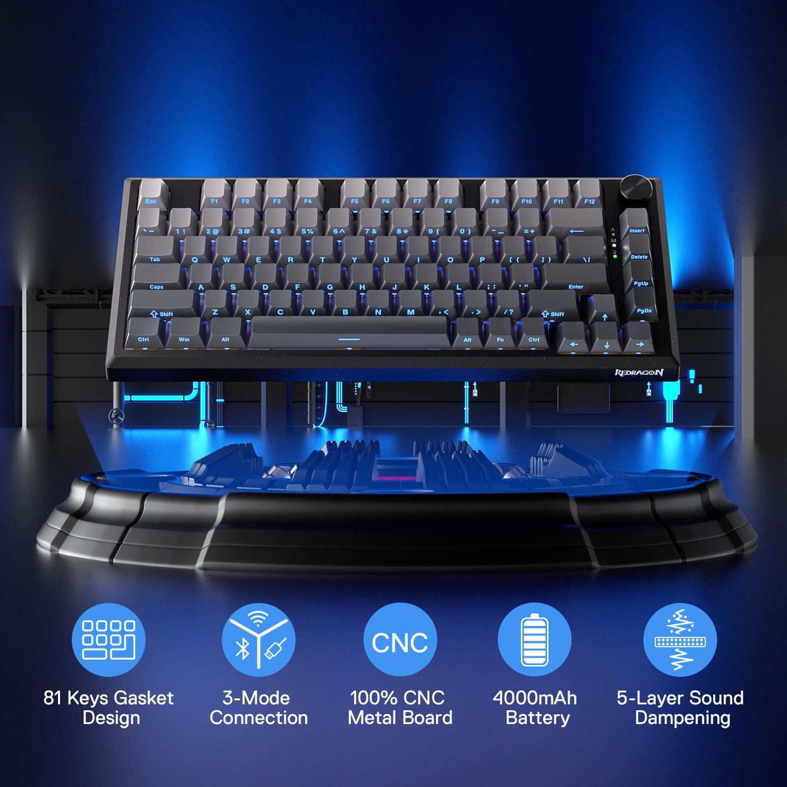 Redragon K687 Wireless CNC Gasket Gaming Keyboard, 81 Keys Mechanical Keyboard w/Premium CNC Aluminum Board, Easy-Control Knob, 5-Layer Noise Dampening, Custom Linear Switch, PBT Gradient Keycaps