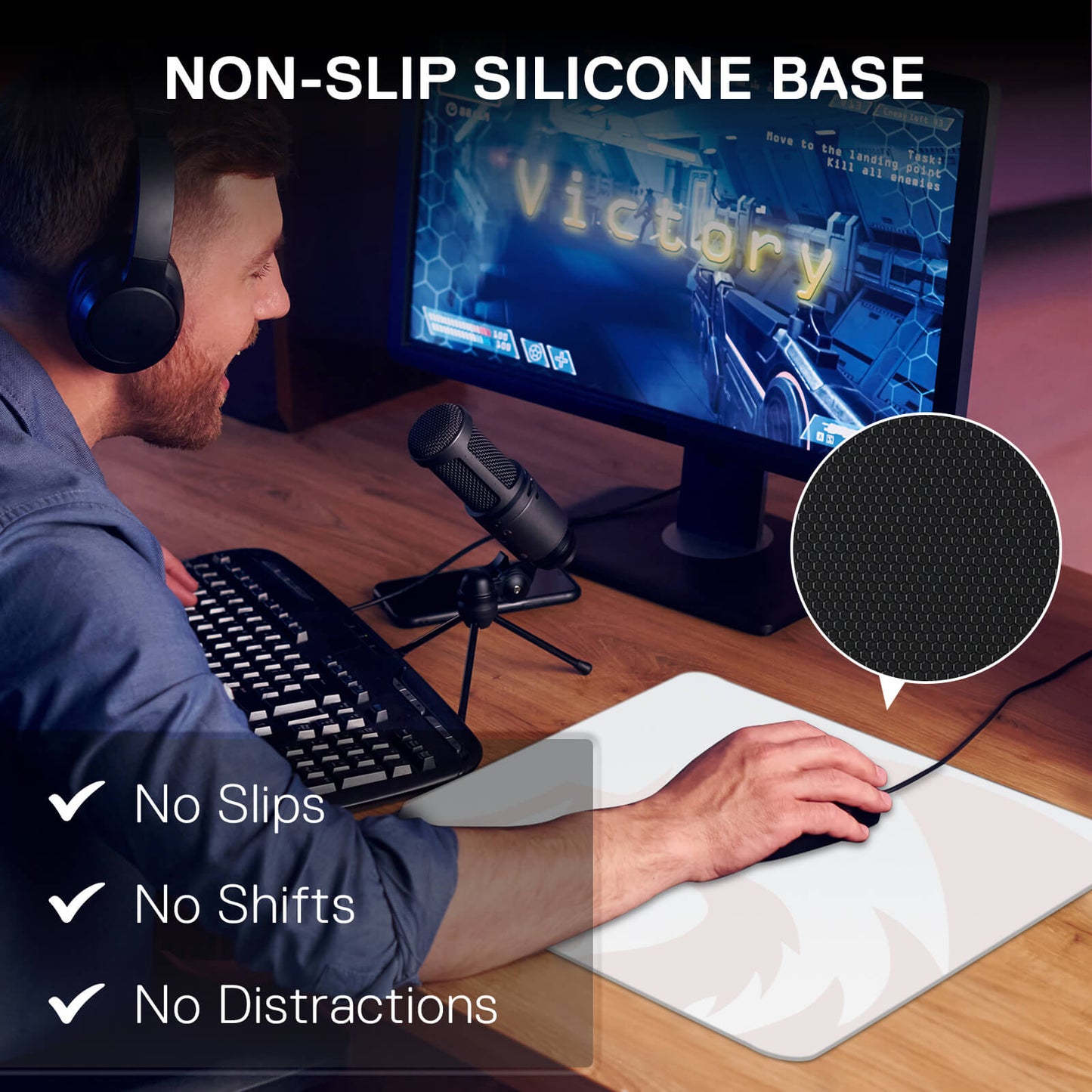 Person using a computer with a mouse on a non-slip silicone base, emphasizing product feature.
