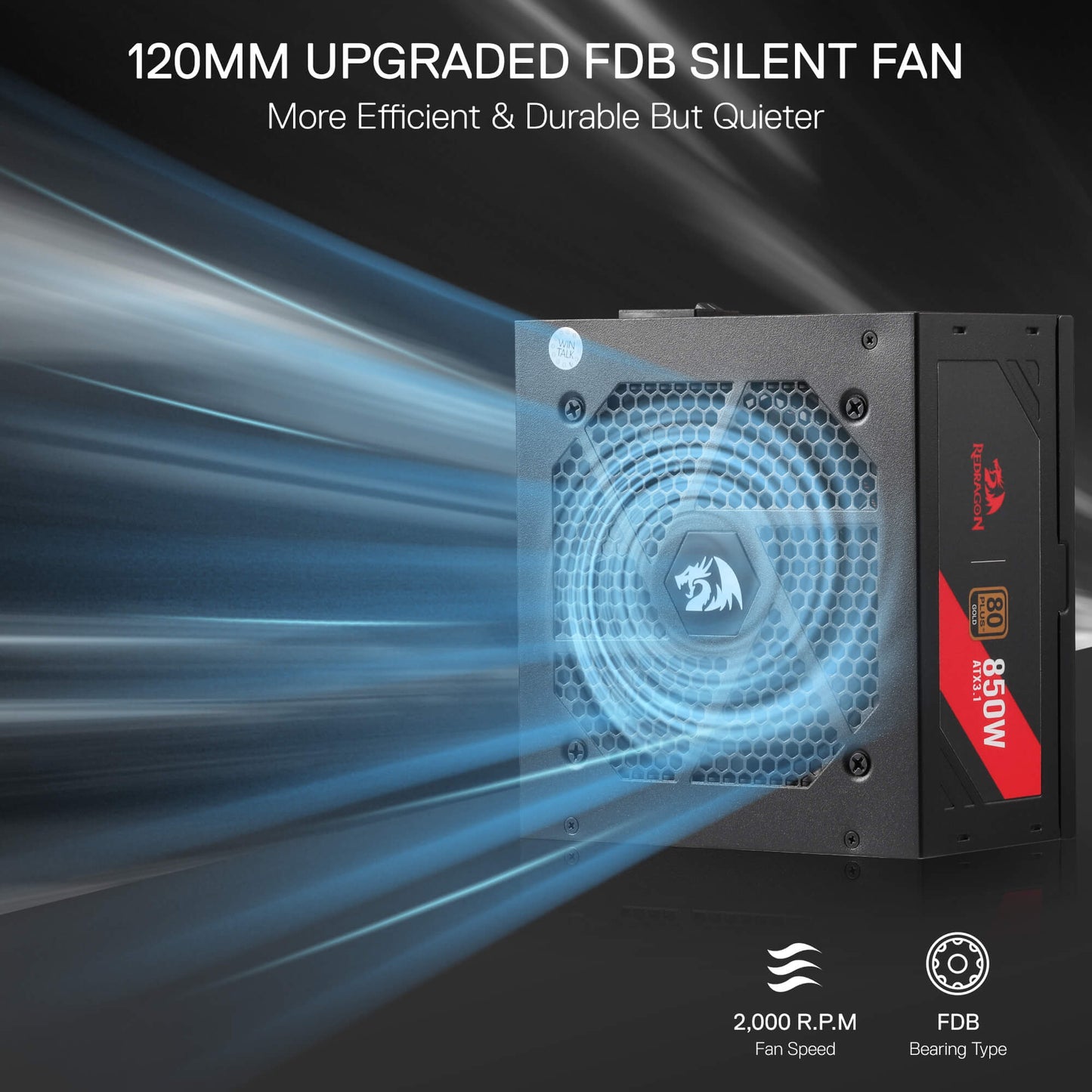120mm upgraded FDB silent fan with blue cooling effect on a dark background