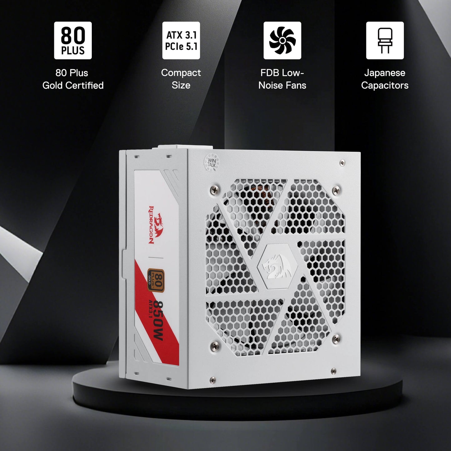 Computer power supply unit with features highlighted on a dark background
