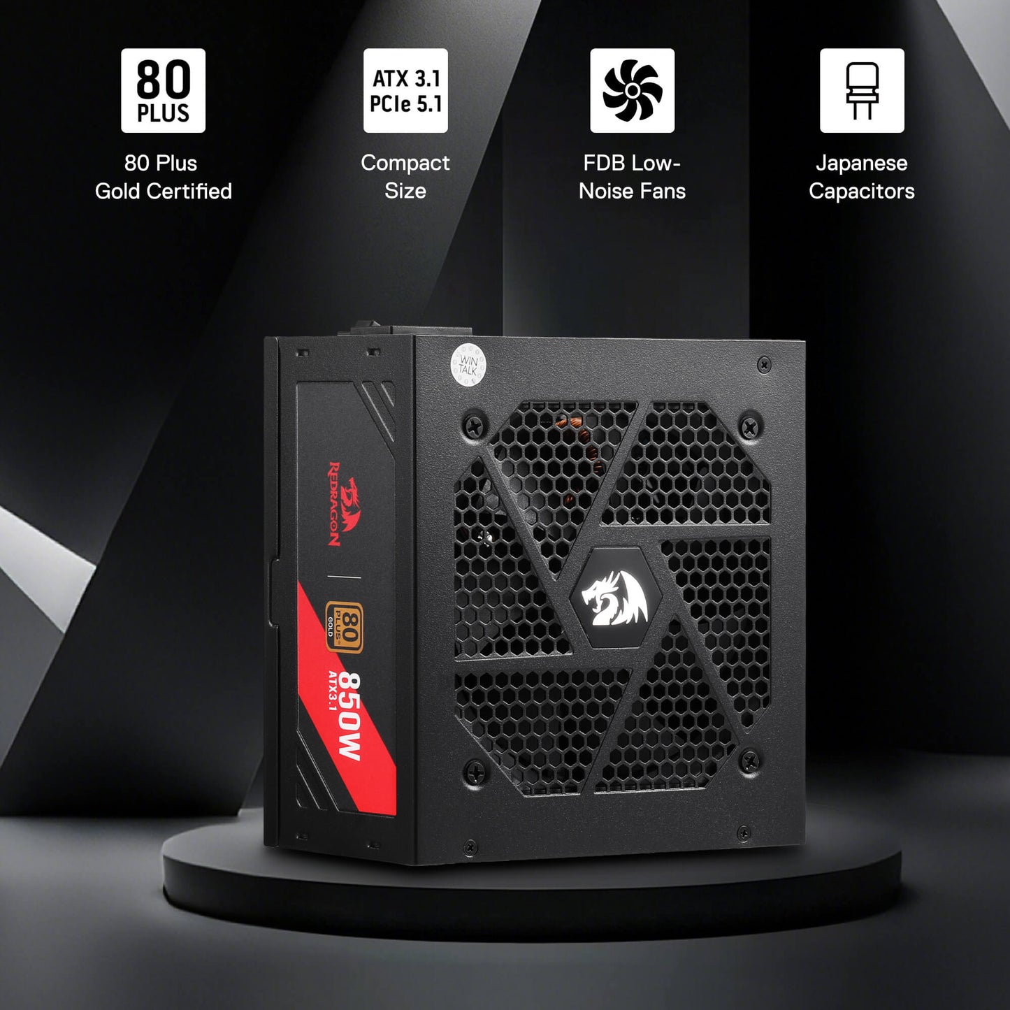 Computer power supply unit with features highlighted on a dark background