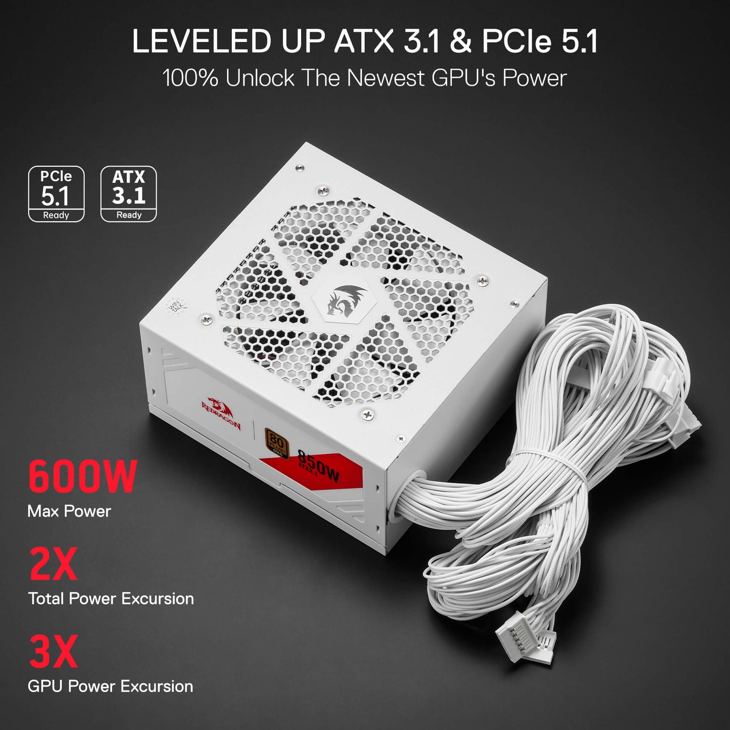Power supply unit with white cables on a dark background, highlighting features like PCIe 5.1 and ATX 3.1 compatibility.