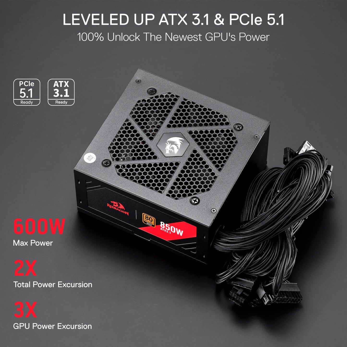 Power supply unit with specifications on a dark background