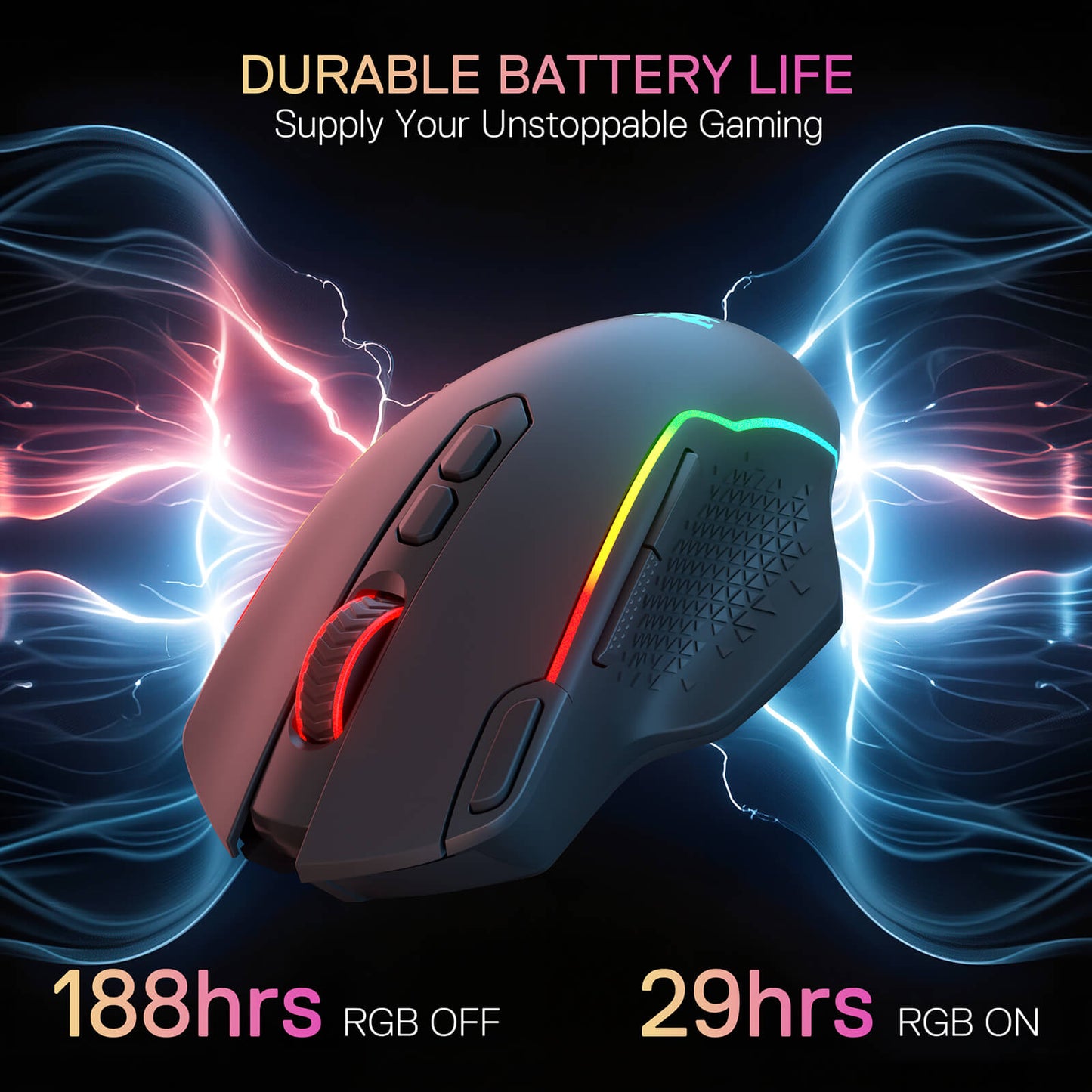Redragon M810 PRO Gaming mouse with RGB lighting on a dark background with energy effect