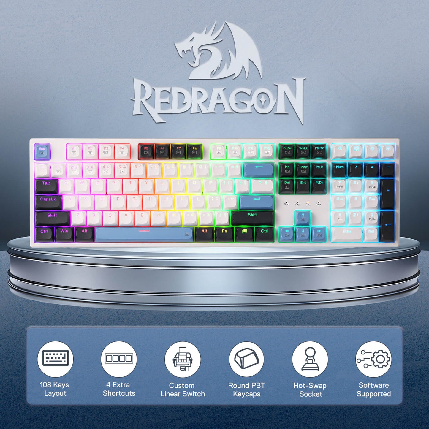 Redragon keyboard with RGB lighting on a gray platform, featuring the Redragon logo above.