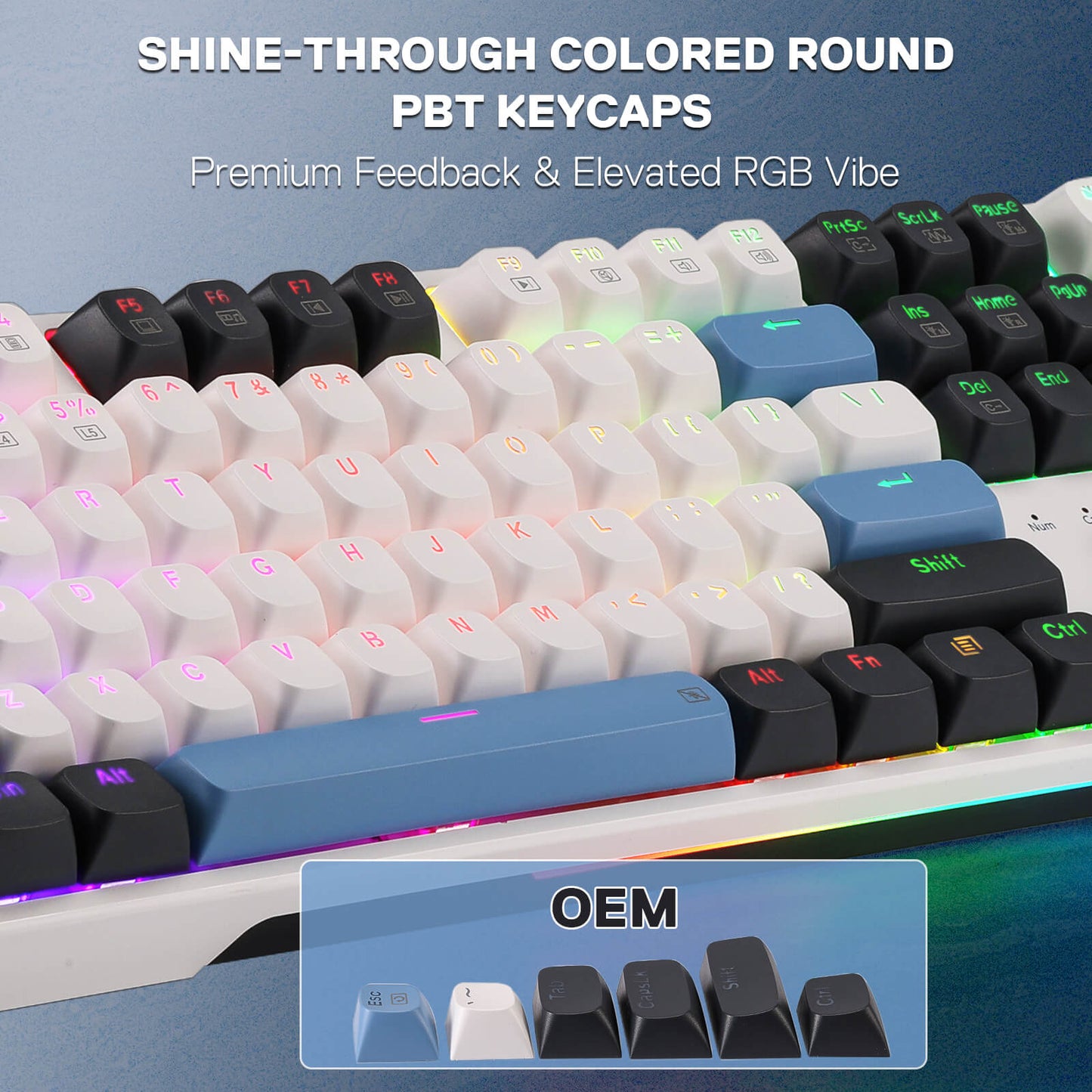 Keyboard with colored round PBT keycaps on a blue background